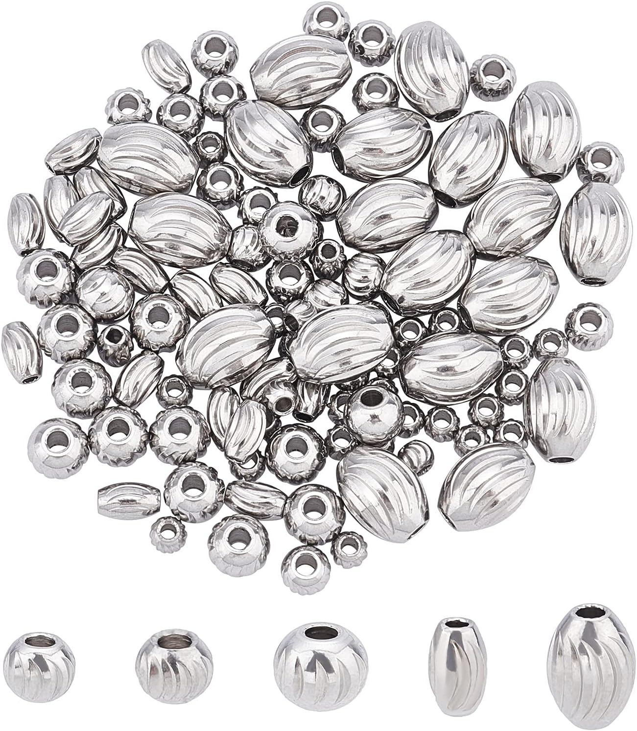 UNICRAFTALE About 100pcs 5 Sizes 3-8mm Oval & Round Spacer Beads Stainless Steel Loose Beads Corrugated Bead Findings for DIY Jewelry Making, Stainless Steel Color