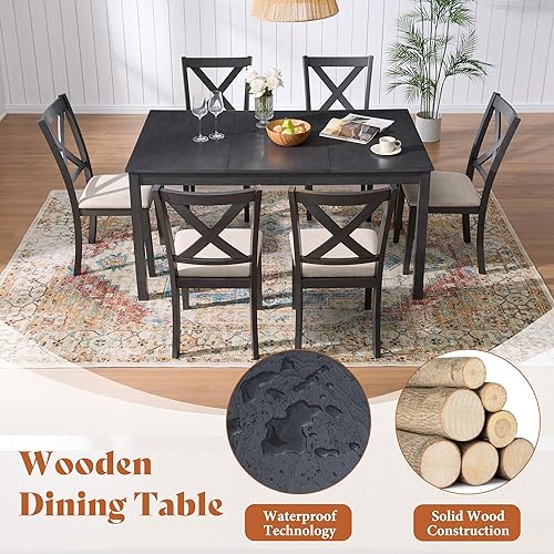 Miniatura 3 de AMERLIFE Juego de mesa de comedor de granja de 7 piezas con 6 sillas tapizadas, juego de mesa de comedor y sillas de 60 pulgadas que ahorran espacio