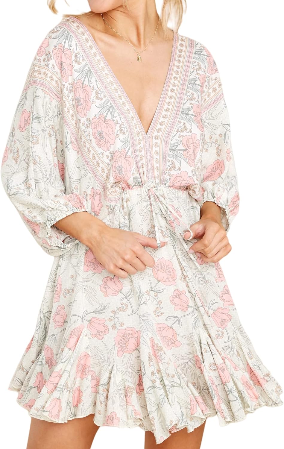 R.Vivimos Womens Summer Floral Dress 3/4 Sleeve Deep V Neck Boho Drawstring Backless Swing Mini Dress