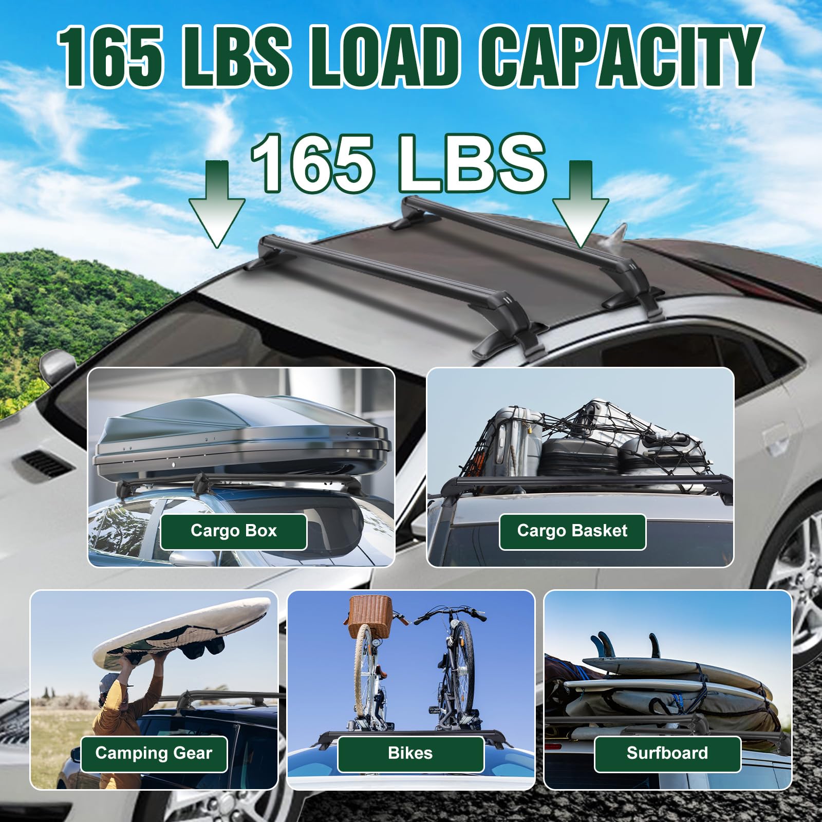 Universal Car Roof Rack w/Anti-Theft Lock,110cm/43 Aluminum Alloy Heavy Duty Rooftop Cargo Carrier Luggage Holders Brackets Cross Bars w/ 165LBS Capacity for Kayaks Surfboards Bikes Baskets Tools