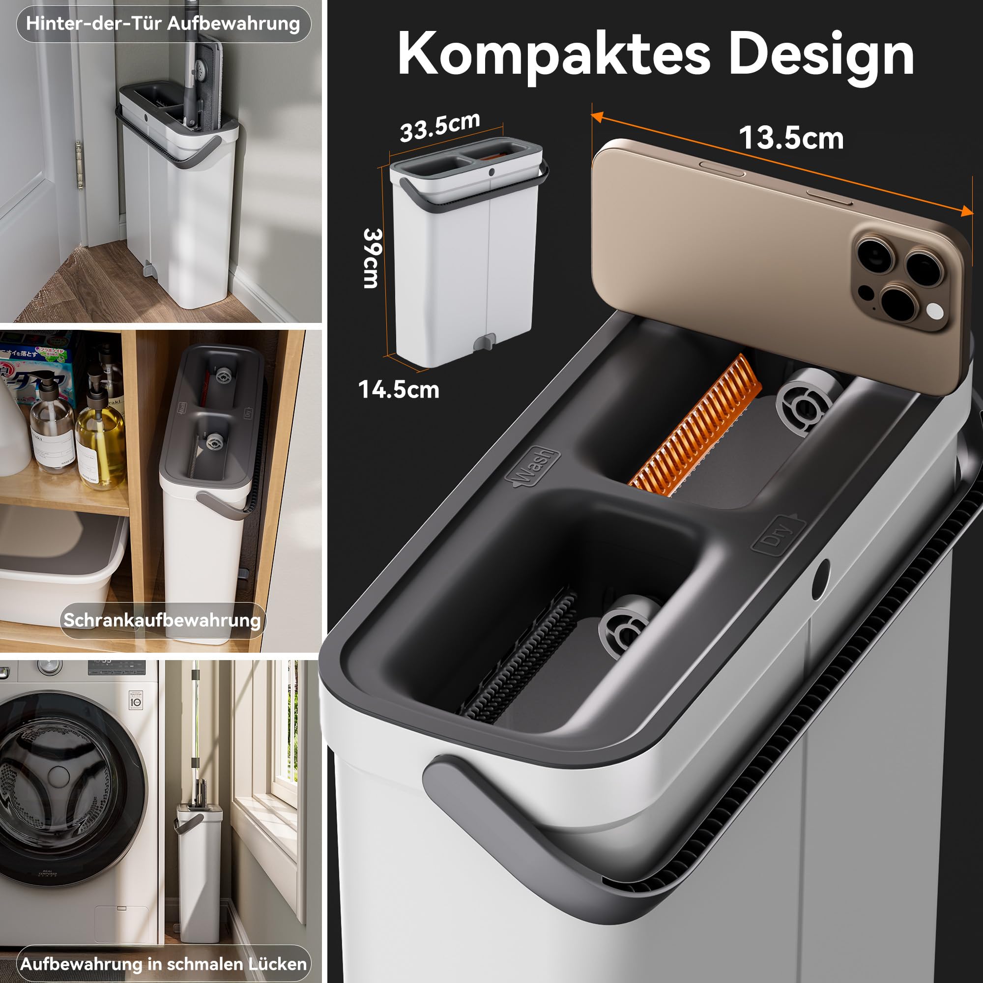 Juego de fregonas compactas con cubo, fregonas planas para limpieza en húmedo y seco, ideal para apartamento, casa, caravana, ventanas y paredes, incluye 7 almohadillas de microfibra lavables