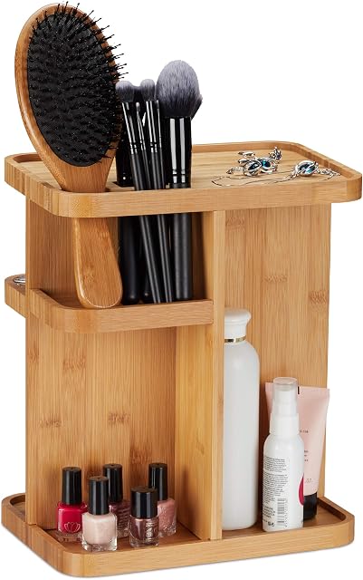 Relaxdays Bamboo Makeup Organiser, 360° Cosmetic Organiser for Bathroom & Vanity Table, HWD 31x25.5x18 cm, Natural
