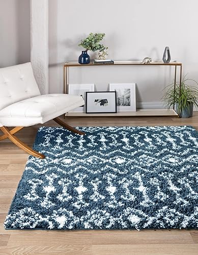 Unique Loom Alfombra marroquí Trellis Shag Collection - Meknes (3 pies 3 pulgadas, cuadrado, azul marinomarfil)