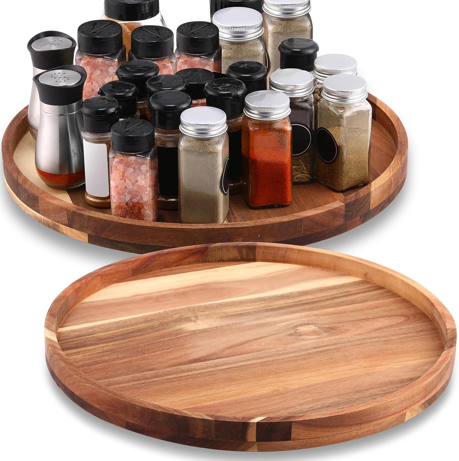 Nitial 2 Pack 16 Inch Acacia Wood Lazy Susan Turntable Organizer, Large Wooden Rotating Tray for Kitchen, Dining Table, Cabinet, Pantry or Countertop Storage (Wood)