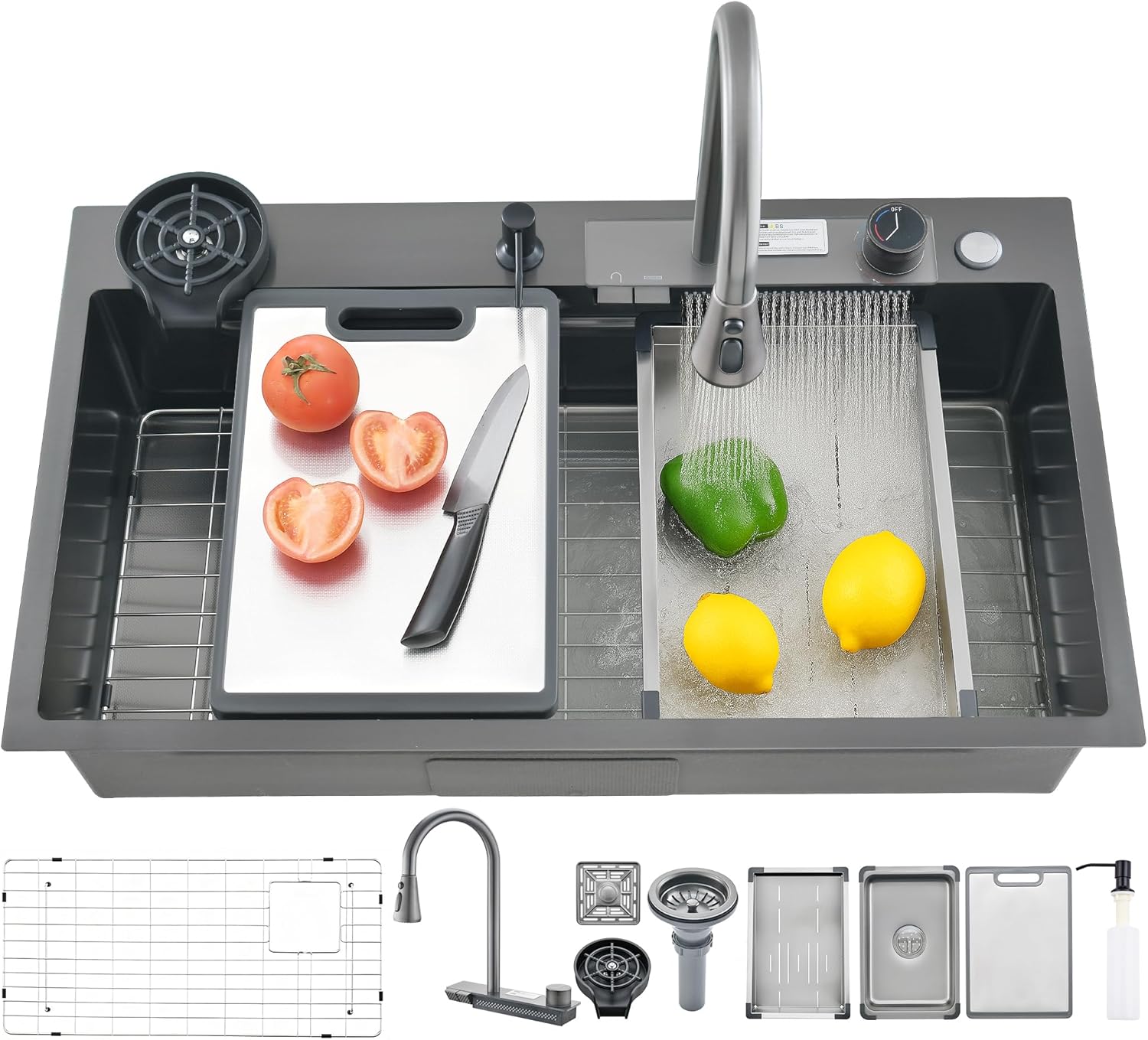 32 x 19.7 Inch Black-Grey Stainless Steel Waterfall Kitchen Sink, Multifunctional Single Bowl Modern Kitchen Sink with Pull-Out Spray Faucet, Cup Washer, and Accessory