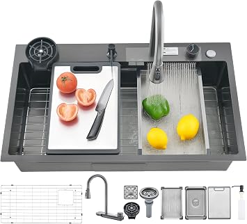 32" x 19.7" Black-Gray Waterfall Kitchen Sink, Drop In Stainless Steel Modern Single Bowl Sink with Pull-Out Spray Faucet, Cup Washer & Accessories