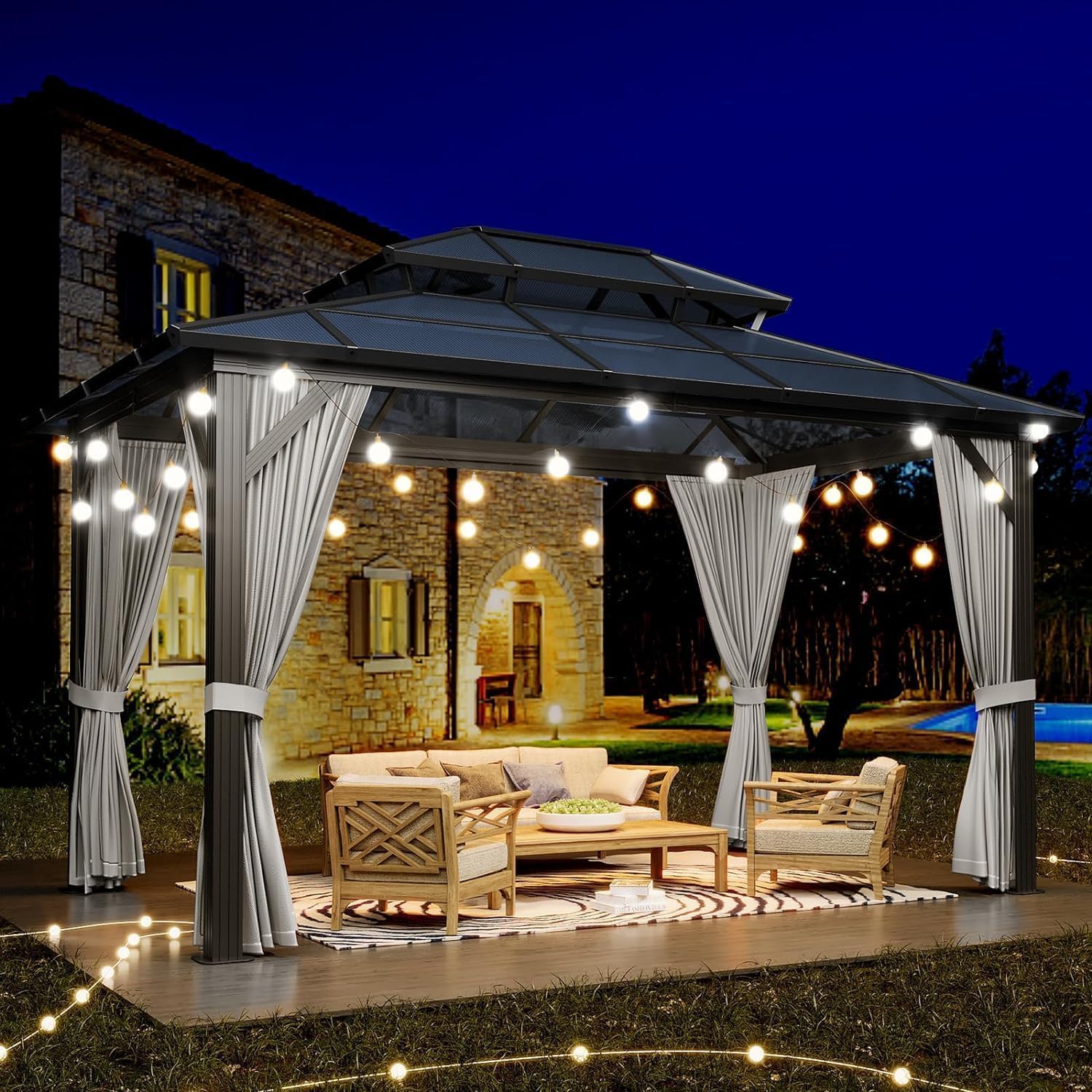 10'x12' Hardtop Gazebo, Outdoor Polycarbonate Single Roof Canopy, Aluminum Frame Permanent Pavilion with Curtains and Netting, Sunshade for Garden, Patio, Lawns