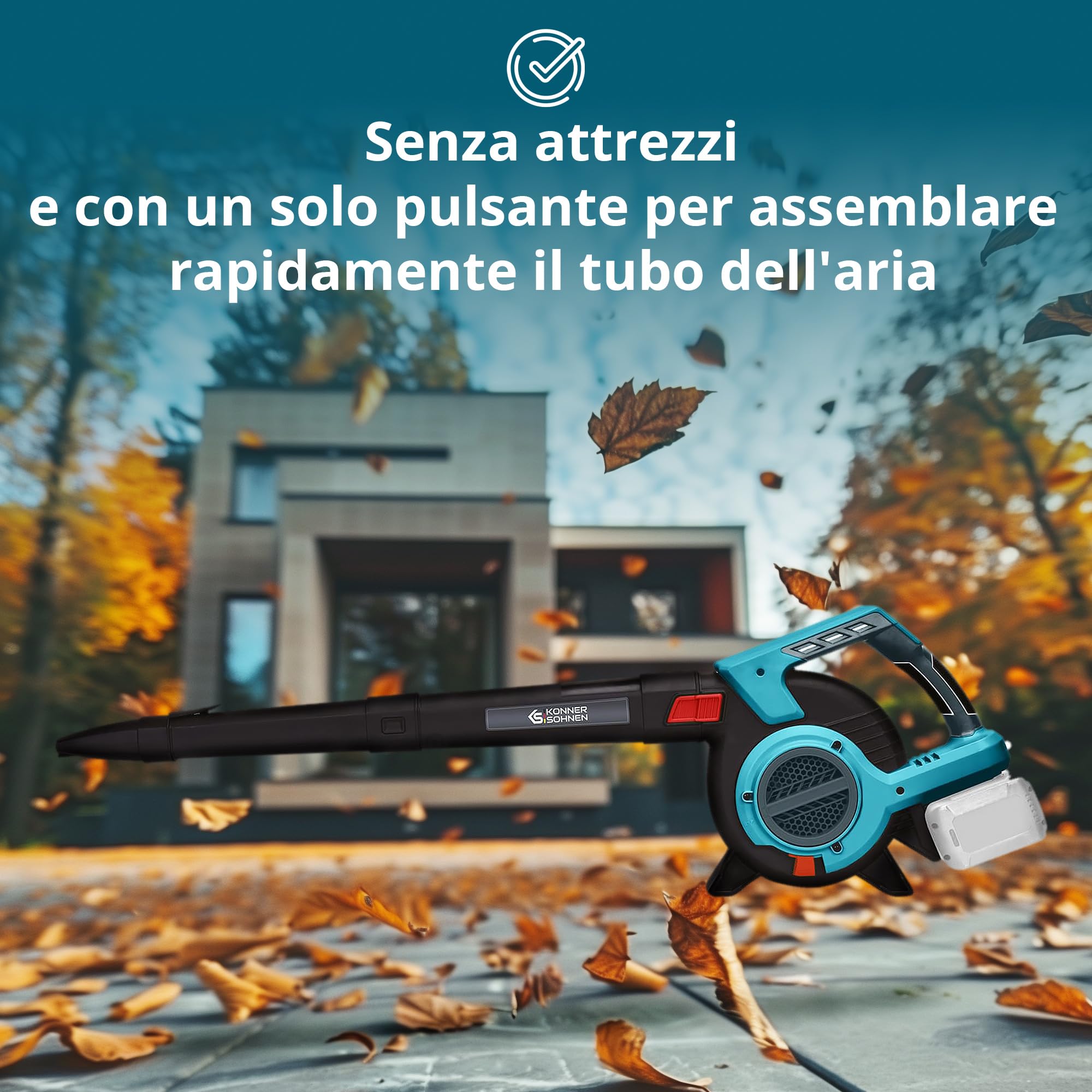 Aspirapolvere da giardino a batteria con funzione di triturazione delle foglie KS LBV-40V, tensione nominale 40 (20+20) V, regime minimo 1630 giri/min, volume del sacco aspirante 45 l