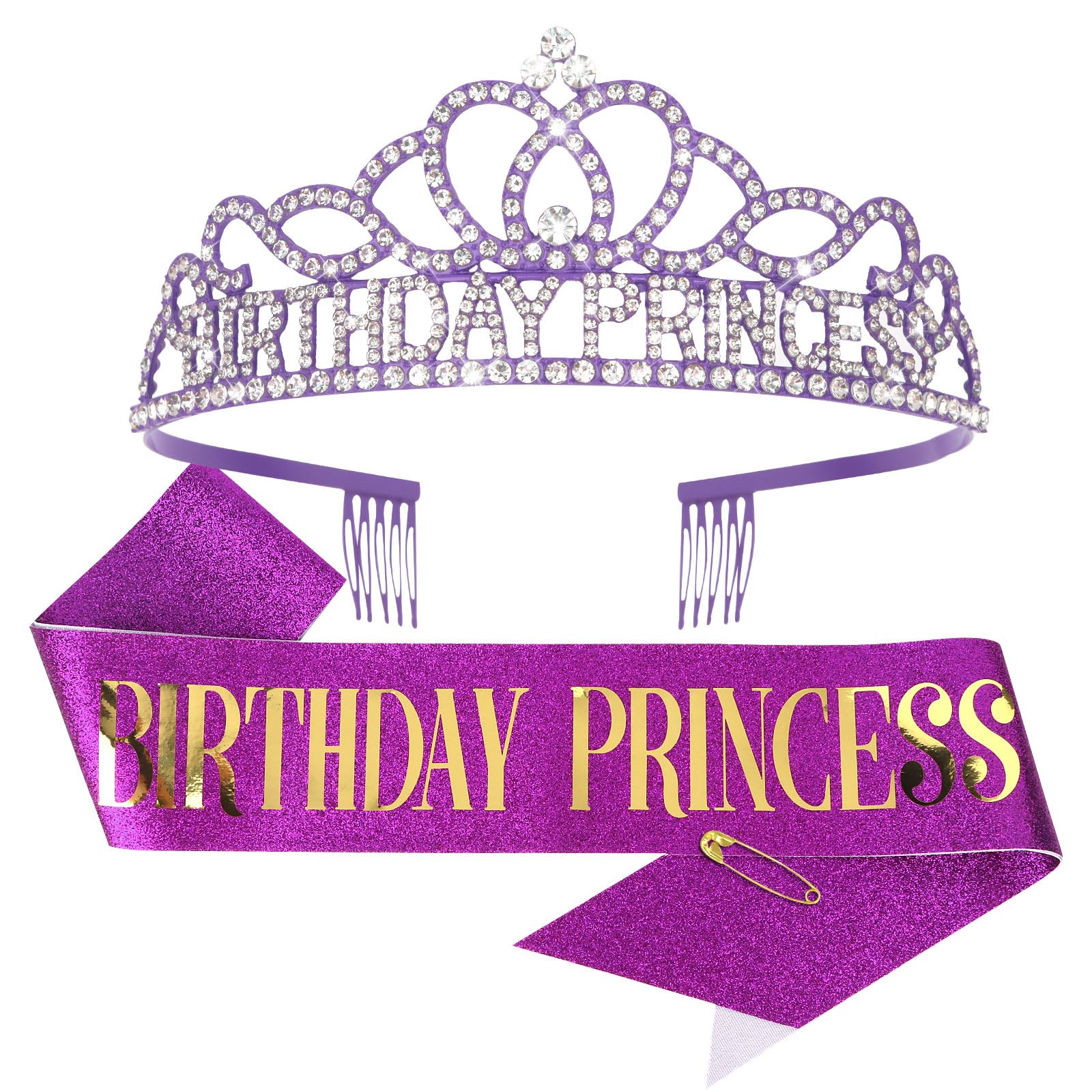 CIEHER Purple Birthday Crown and Princess Sash Set, Birthday Girl Decorations for Women and Girls