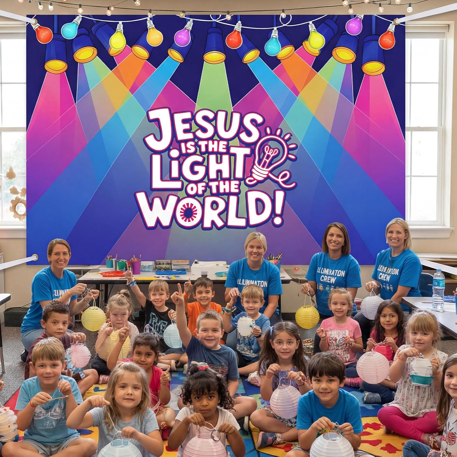 HunnmingRe 2 Pcs Glow Vbs Backdrop 9 x 6 ft Large Religious Backdrop Colorful Disco Party Decoration for Church Vacation Bible School Christian Party Decoration