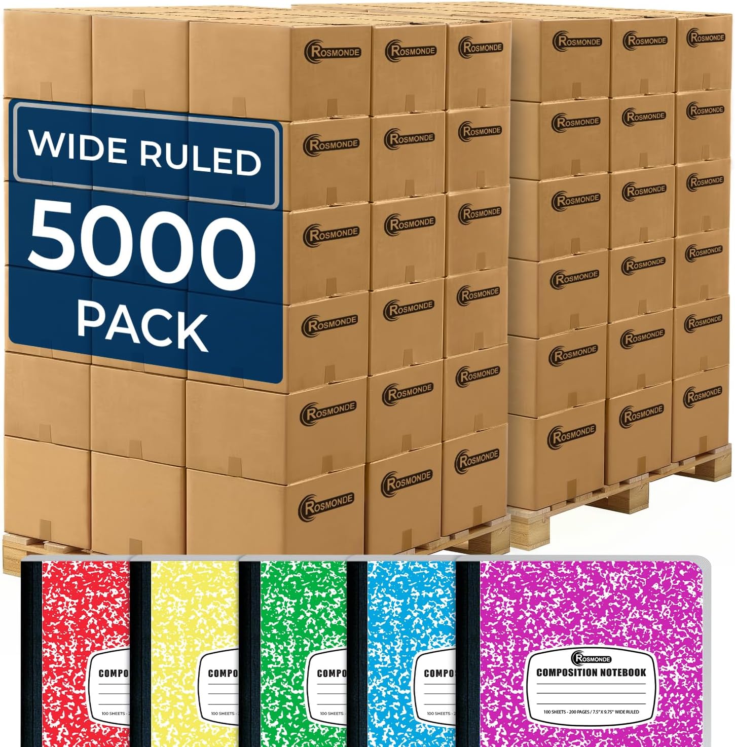 Rosmonde 5000 Pack (Pallet) Composition Notebooks Bulk, Wide Ruled, 100 Sheets (200 Pages), 9-3/4 x 7-1/2, Wholesale Orders, Bulk Supplies for School Districts, Assorted Notebooks, 4-7 Days Transit