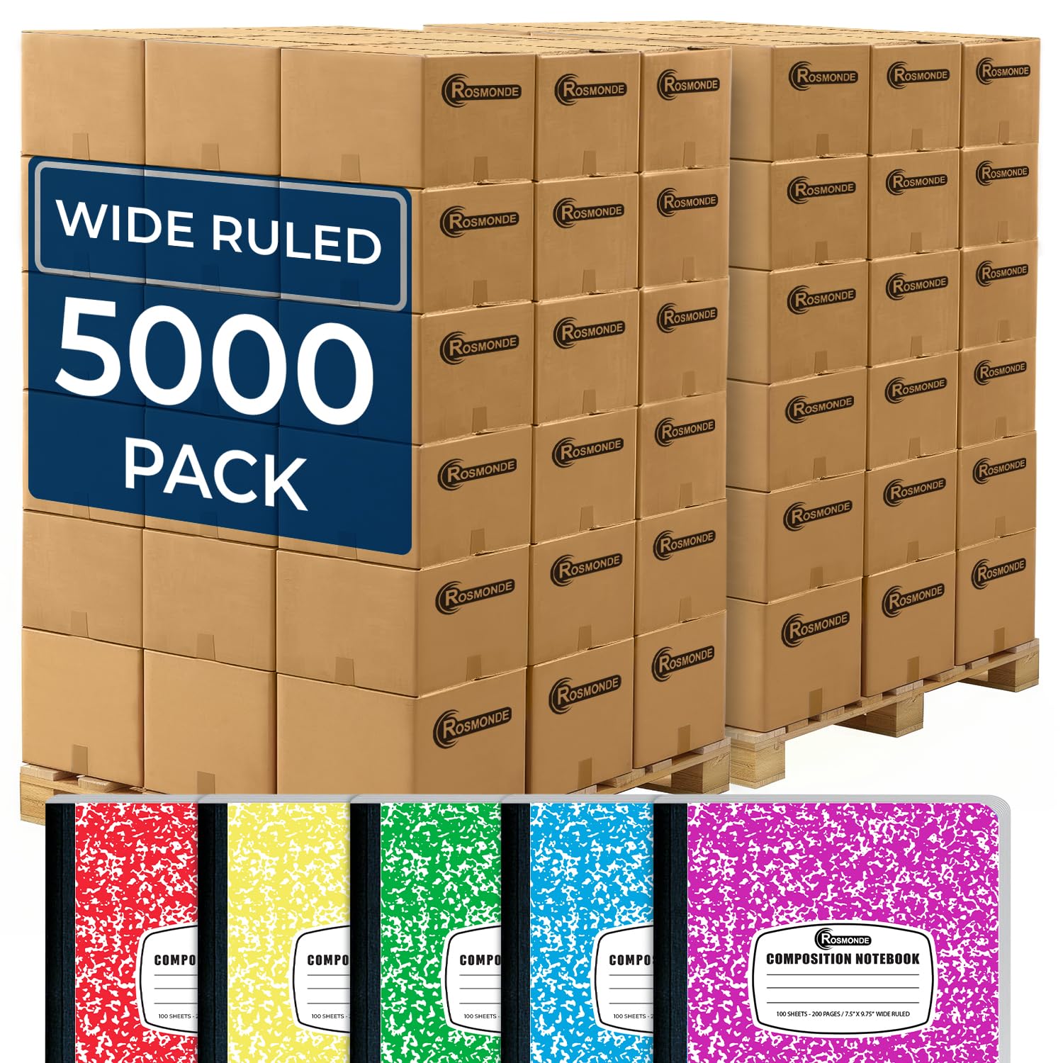5000 Pack (Pallet) Composition Notebooks Bulk, Wide Ruled, 100 Sheets (200 Pages), 9-3/4 x 7-1/2, Wholesale Orders, Bulk Supplies for School Districts, Assorted Notebooks, 4-7 Days Transit