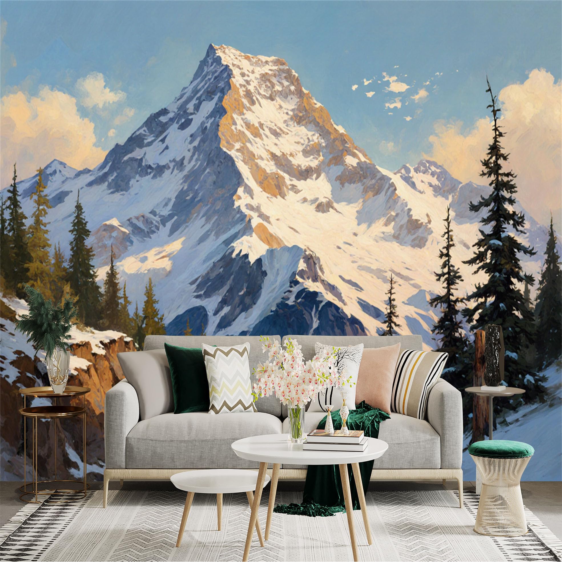 Lnzczhyre Xc260505321 Custom Size Wall Sticker Mural， Snow Capped Majestic Mountain Peak， Pine Tree Forest Scenery， Winter Wilderness Landscape， For Wall Decoration， Peelandstick Wall Decals.