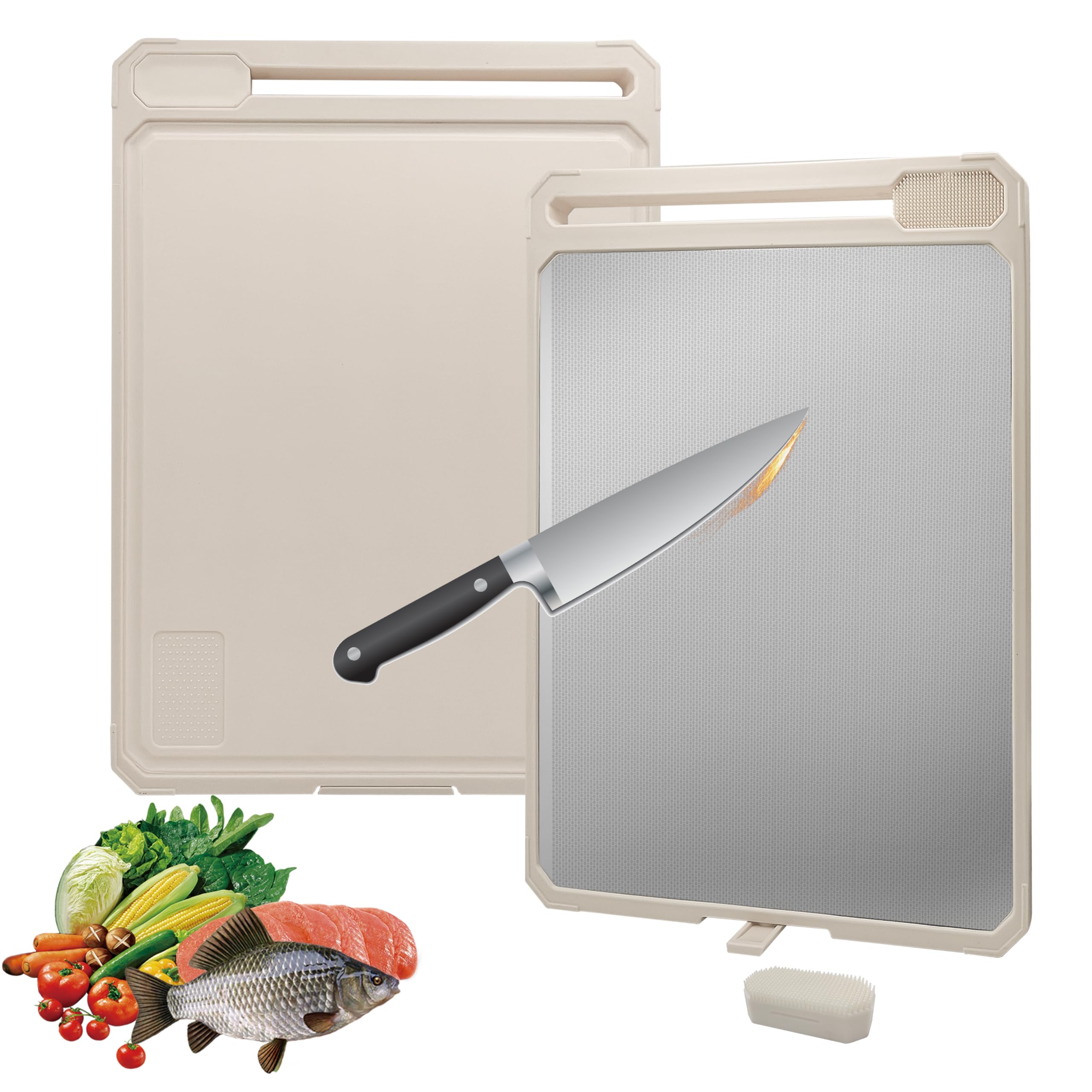 Stainless Steel Cutting Board for Kitchen, Double Sided 304 Stainless Steel & Wheat Straw PP, Non Toxic Cutting Board, Scratch-Resistant, Easy to Clean, Non-Slip, Large Size 17×12×0.9”