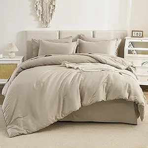 Litanika Super King Comforter Set Oatmeal - 7 Pieces Bed in a Bag Oversized King Bedding Comforter Sets, Solid Lightweight Bed Set with Comforter, Sheets, Pillowcases & Shams