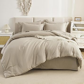 Litanika Super King Comforter Set Oatmeal - 7 Pieces Bed in a Bag Oversized King Bedding Comforter Sets, Solid Lightweight Bed Set with Comforter, Sheets, Pillowcases & Shams
