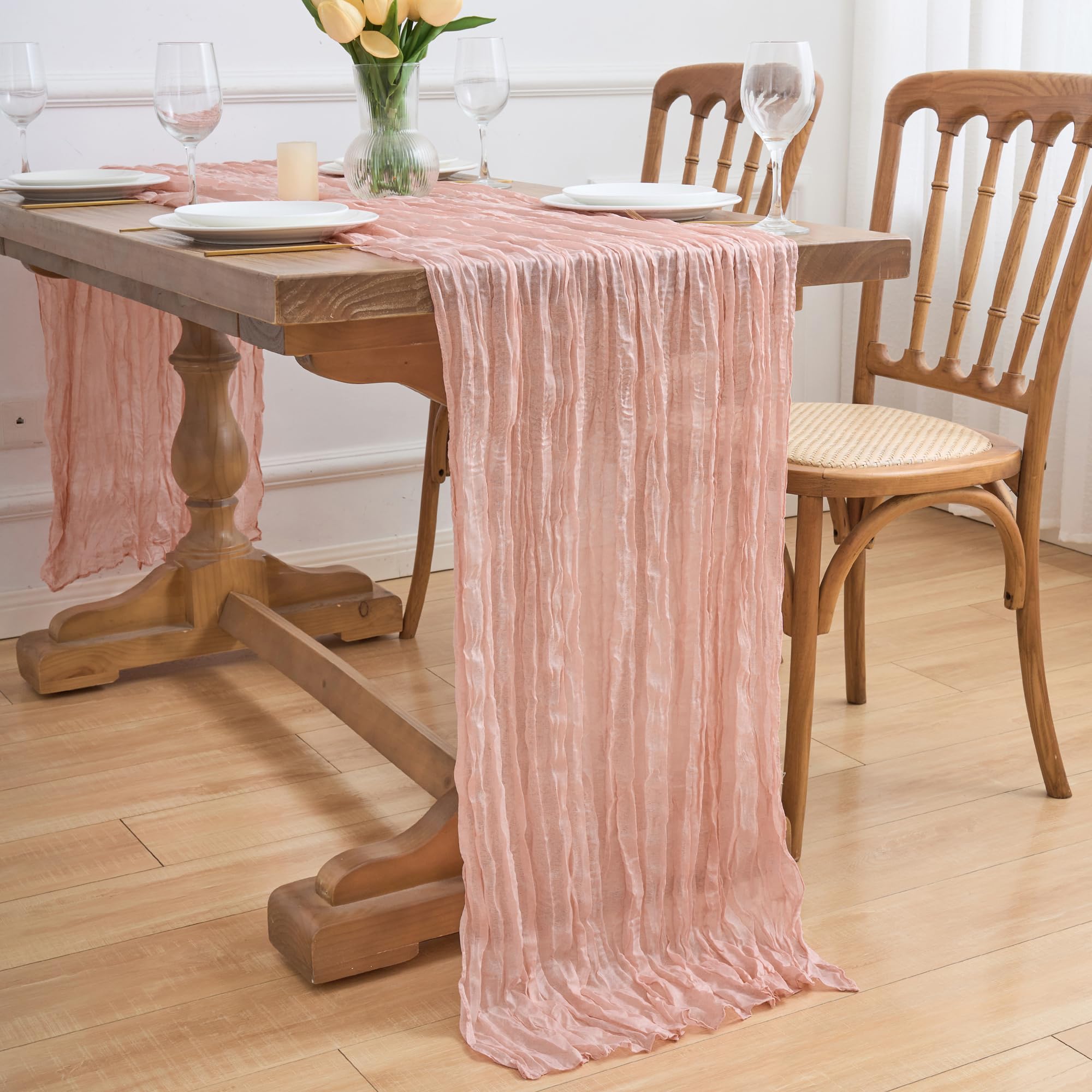 Asee'm 12PCS Tischläufer Käsetuch 300 x 90cm Staubiges Rosa Boho Transparente Läufer Tisch Hochzeit Gaze Stoff Rustikale Käse Tuch für Braut Dusche Party | Durchsichtiger Boho-Tischläufer für Partys, 308 cm lang, Stoff, Ostern, Hochzeit, Babyparty, Brautp