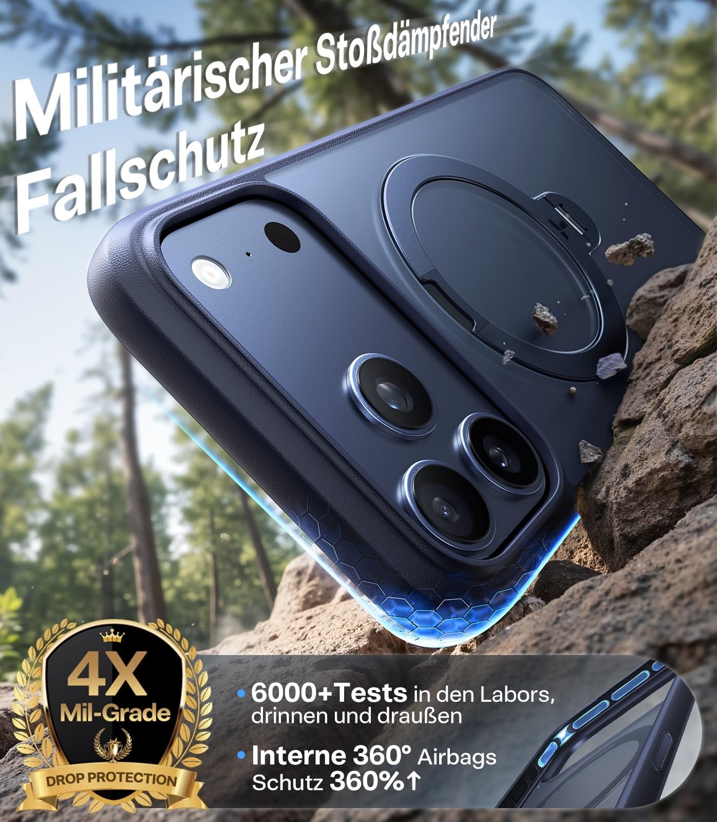 TORRAS Ostand Q3 Spin für iPhone 17 Pro Hülle (360°Stabilen Ständer für Magsafe) Militärschutz Handyhülle für iPhone 17 Pro Case mit Kamera-Tastenschutz Schlank Kratzfeste Matt Rückseite Blau