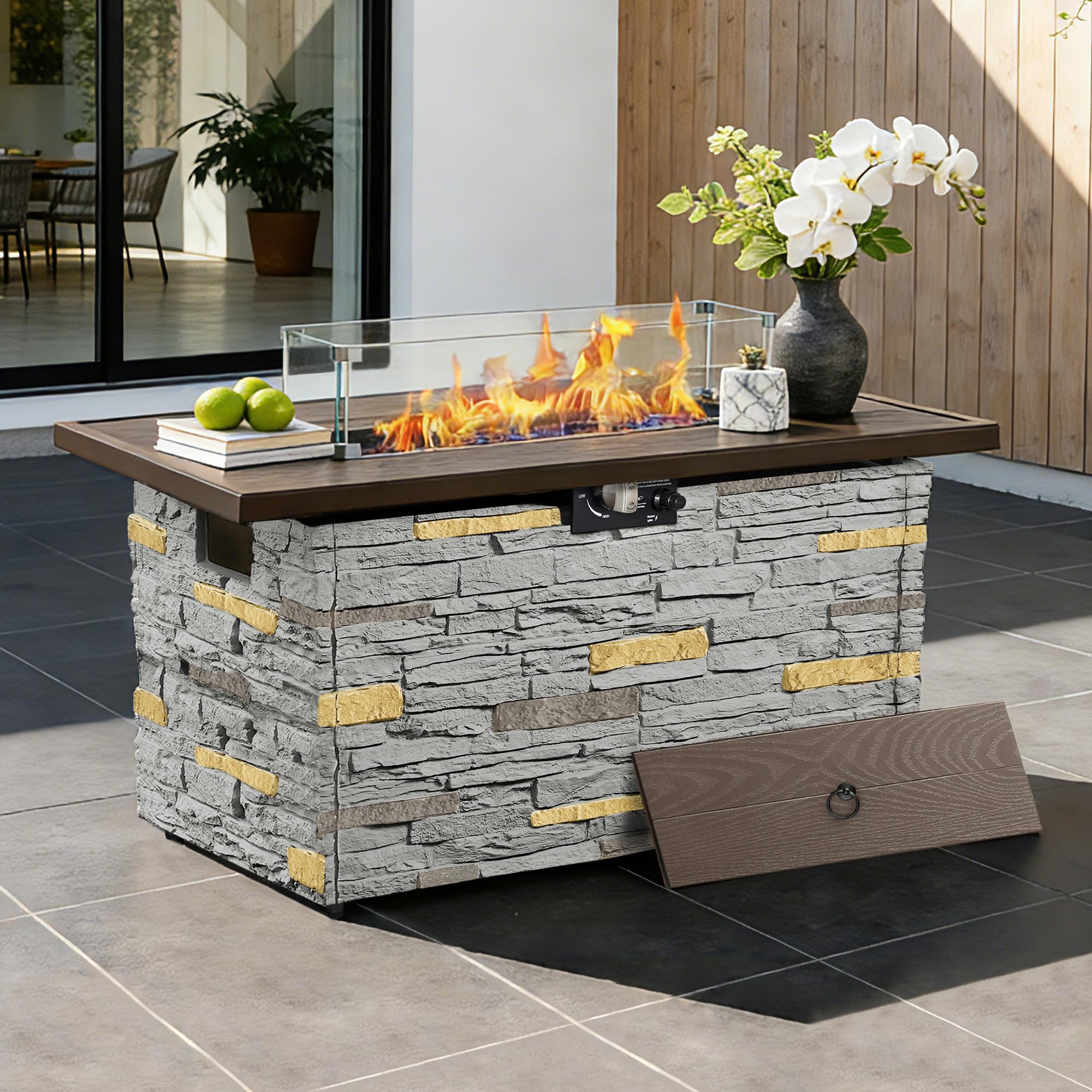 PIZZELLO 43" Propane Fire Pit Table Outdoor Stone Firepit Table Rectangular 50000 BTU Propane Fire Tables for Outside Patio with Wind Guard, Table Lid, Fire Beads, Cover,Pizzello Caldo (Gray)