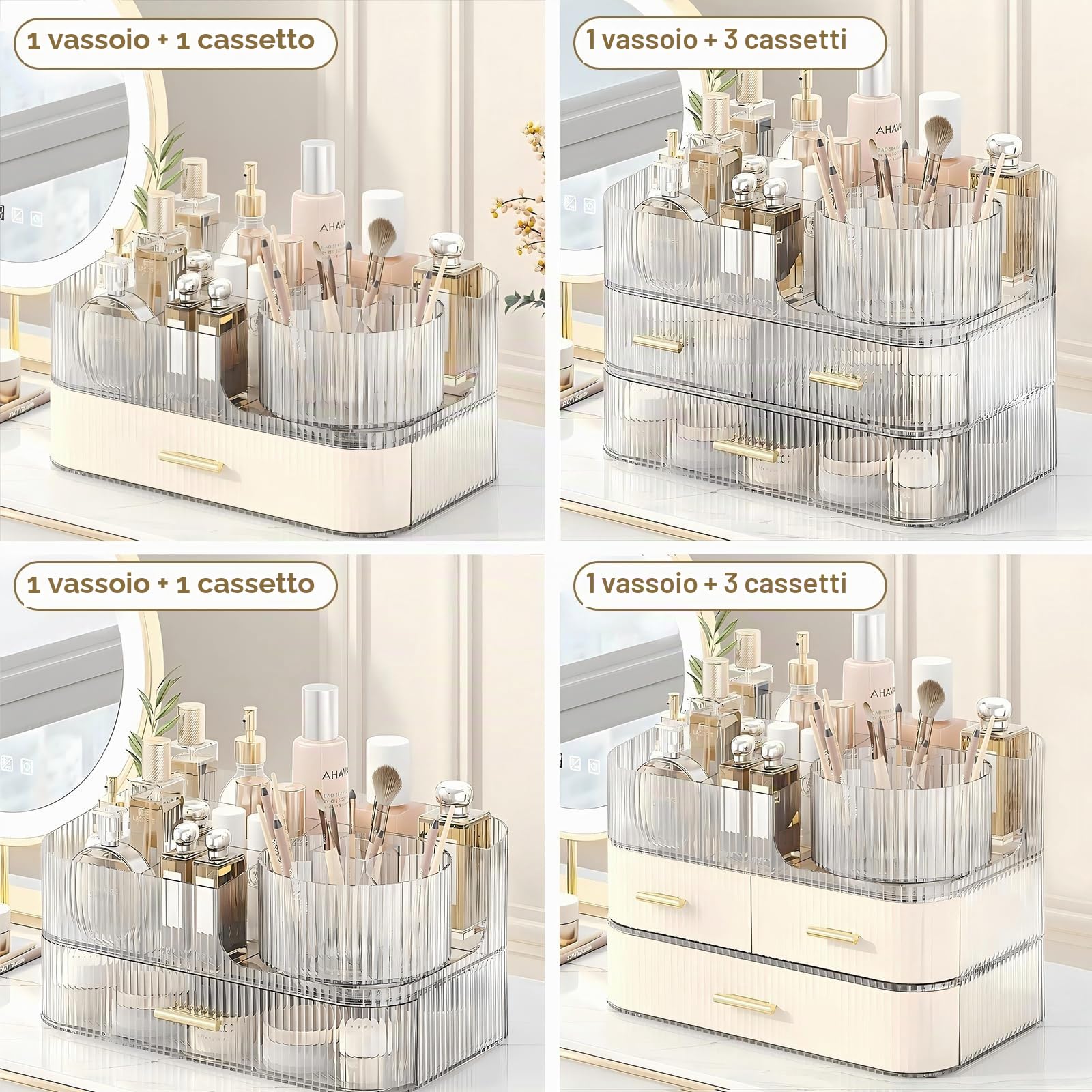DASITON Organizer Trucchi con Cassetti, Porta Pennelli Make Up Girevole a 360°, Grande Capacità Make up Organizer per Cosmetici Impilabile, Porta Trucchi Organizer da Bagno e Toeletta (Trasparente 02)