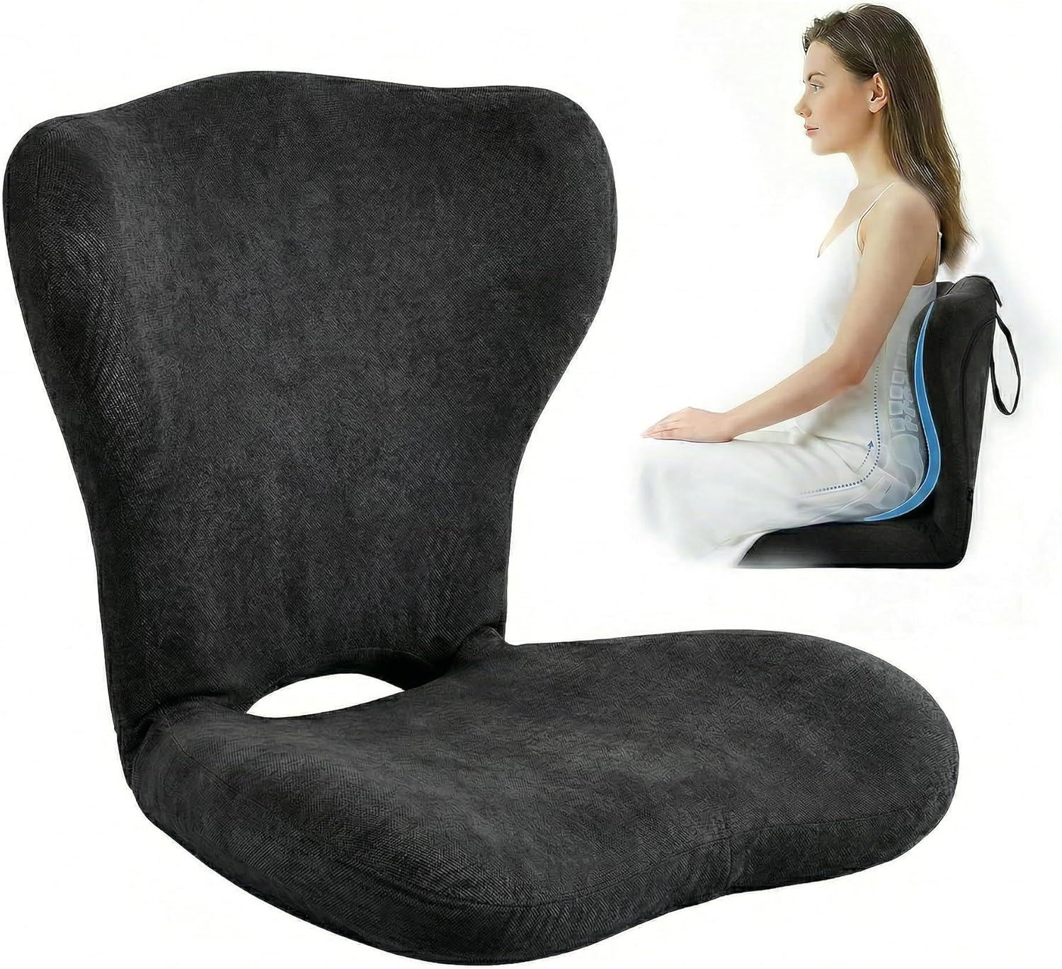 Ergonomic Back Support for Office Chair, Seat Cushion with Backrest, Adjustable Folding Floor Chair for Home, Gaming & Meditation (Black)