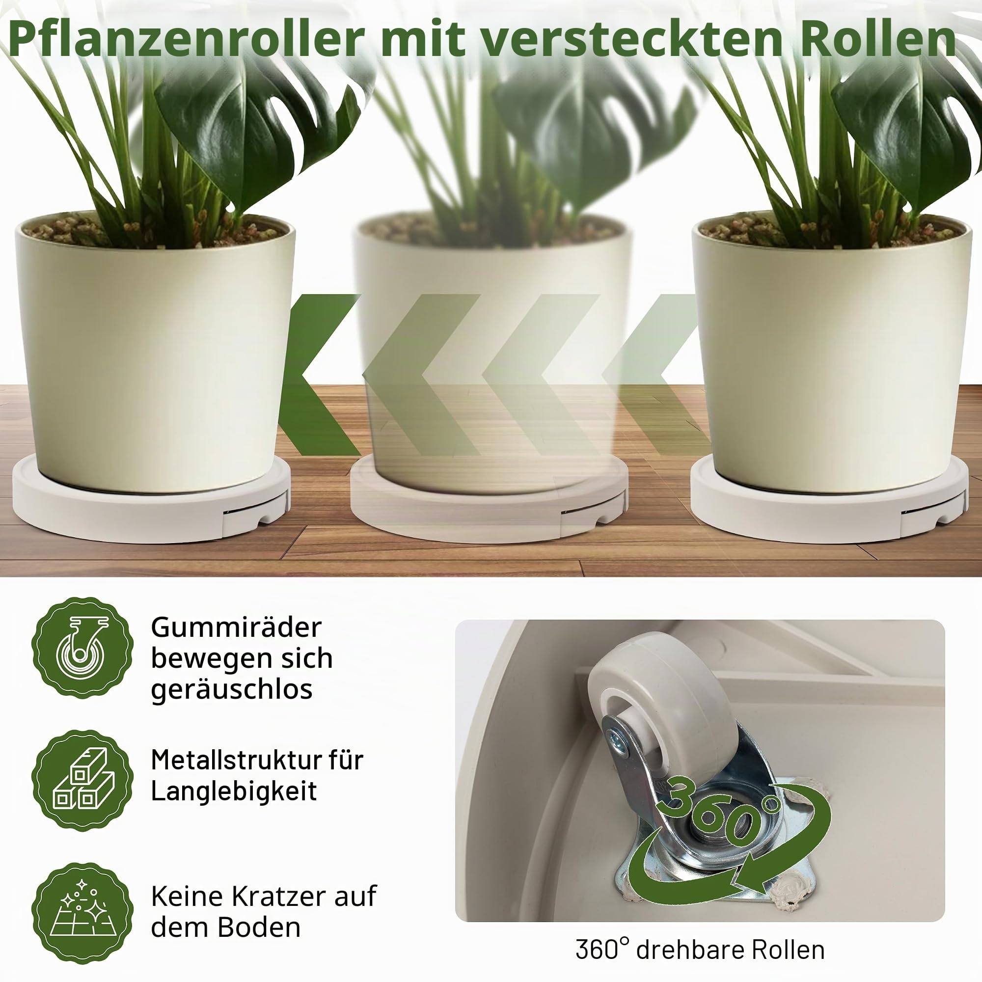 Pflanzenroller mit unsichtbaren Rädern, rollender Pflanzenständer für innen und außen, 370 mm, Milchweiß, bis 200 kg belastbar, 2 Stück