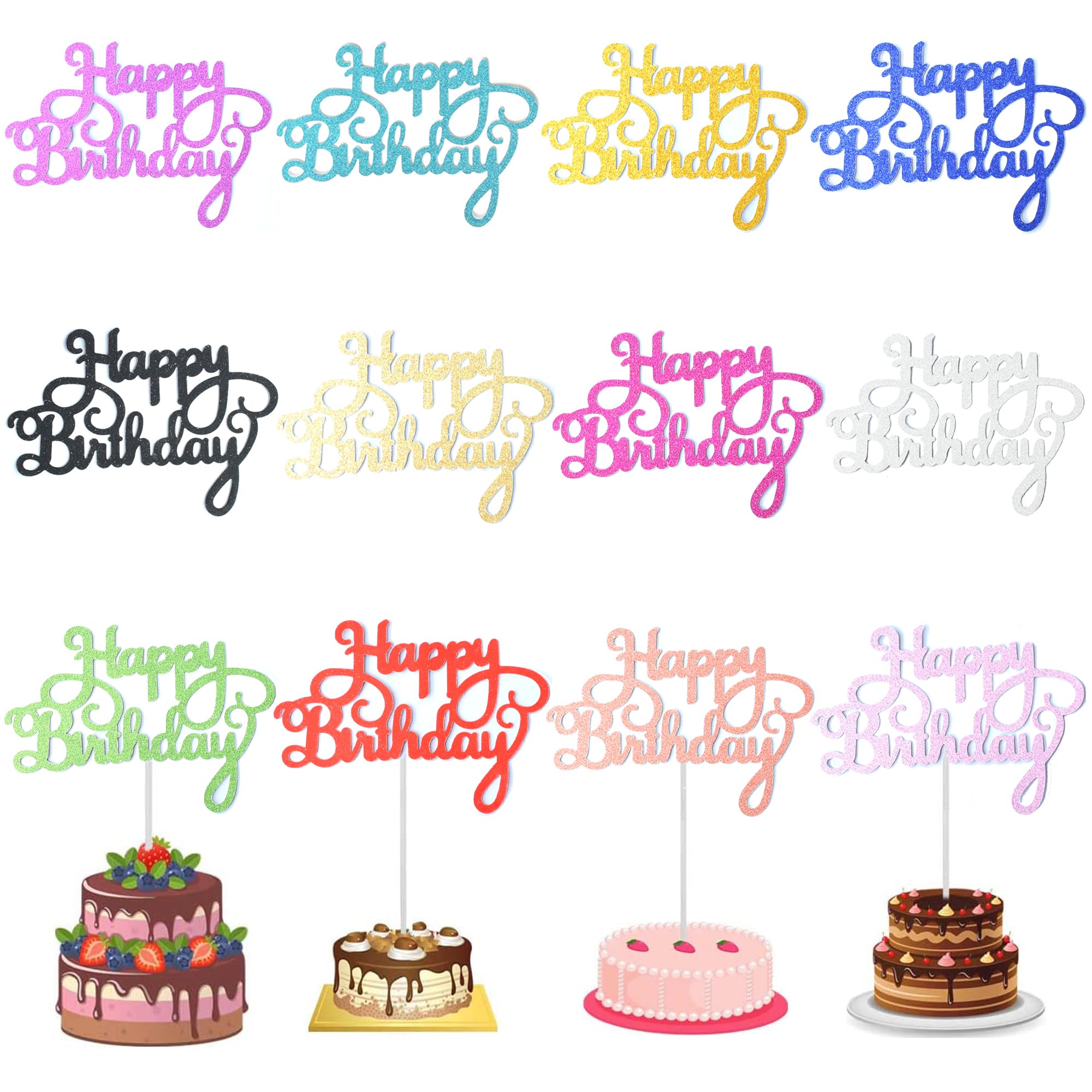 Chewarelly 24 Pack Multi Colors Birthday Cake Topper Set, Glitter Cake Bunting Decor Birthday Cake Picks Party Decorations Supplies(Classic)