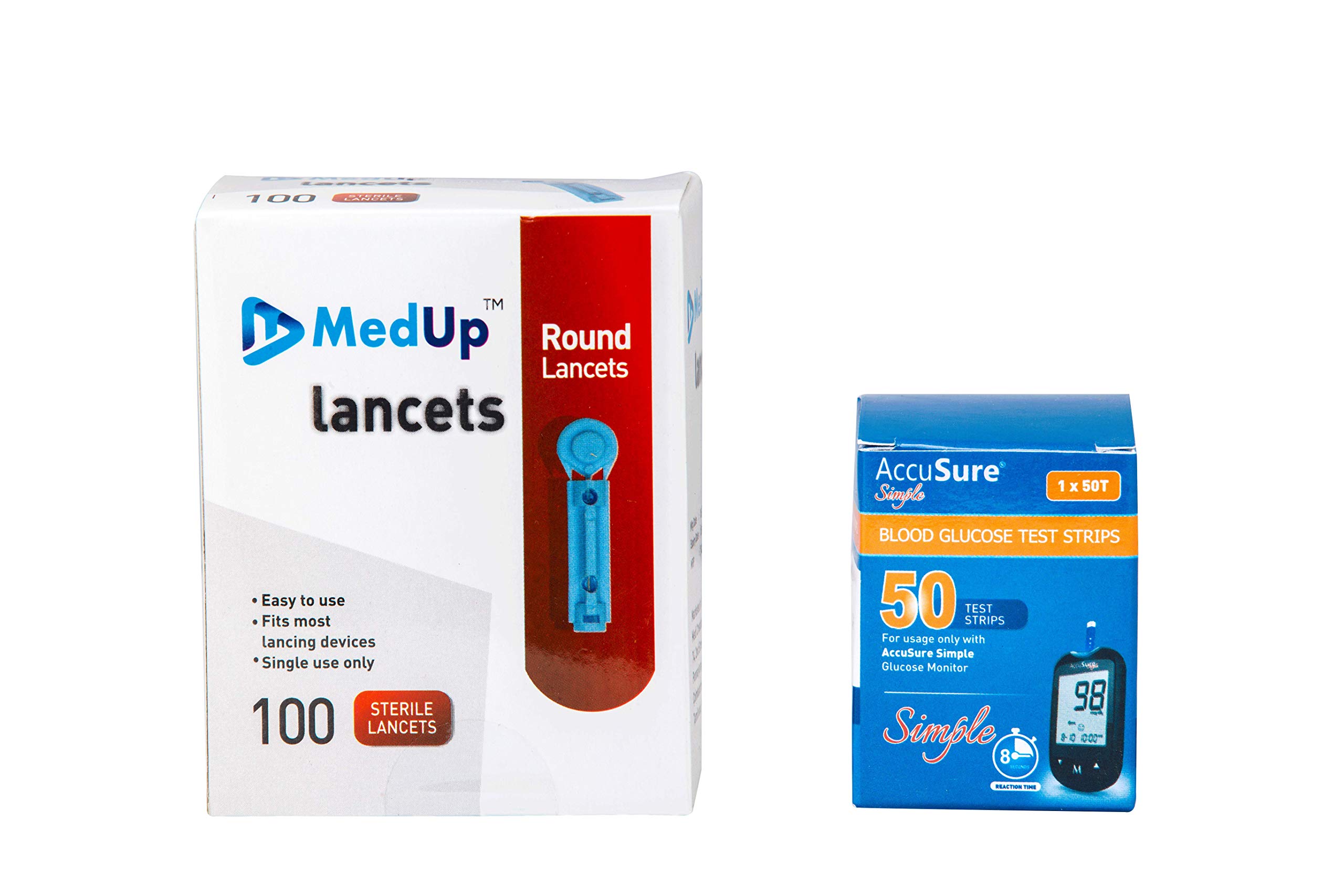 Buy MedUp Round Lancets 100 Pieces with Accusure Simple Blood GlucoseTest Strips 50 Strips (NO