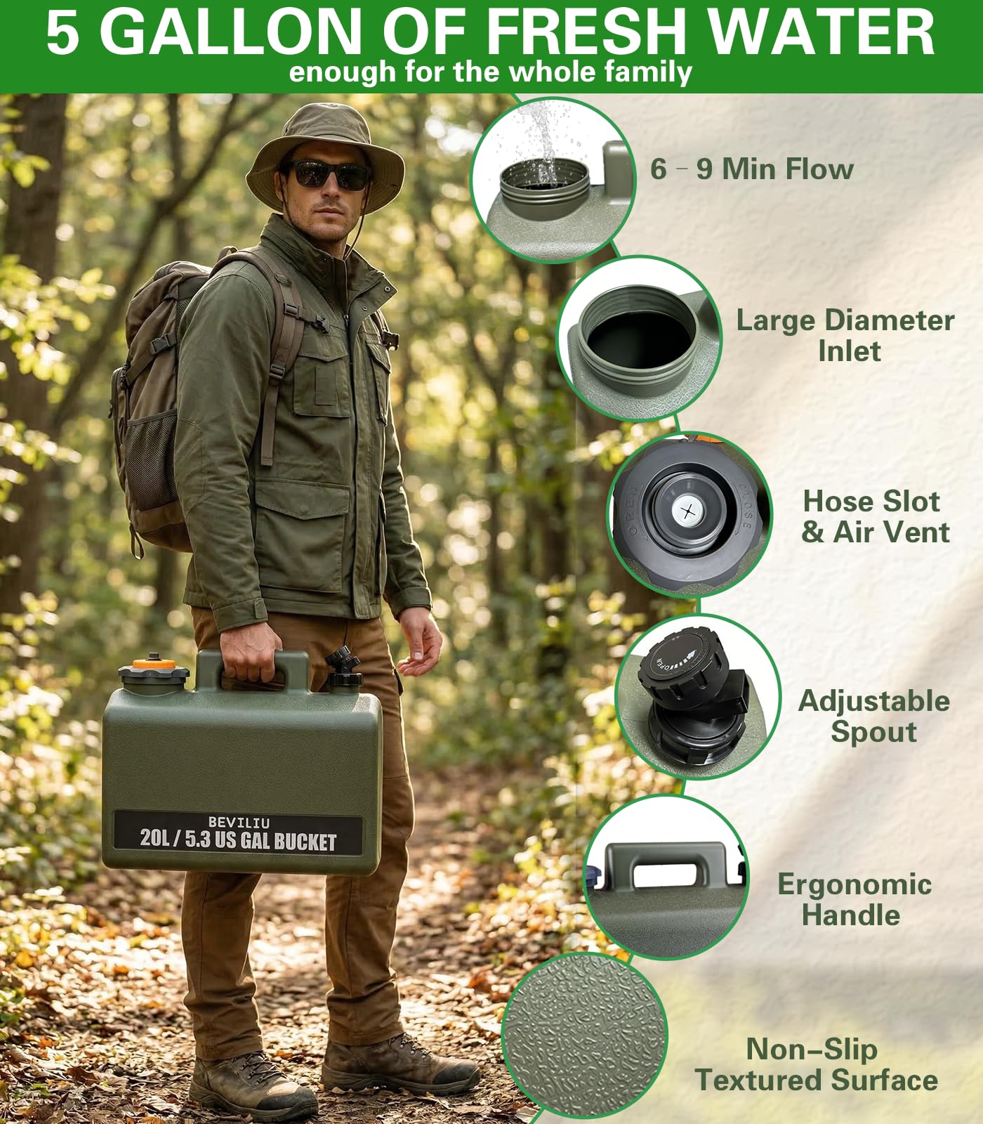 Beviliu Tragbare Campingdusche, 6000 mAh wiederaufladbare Duschpumpe mit 5,5 Gallonen Wassertank, IPX8 wasserdichte Outdoor-Ausrüstung, tragbare Dusche für Camping, Wandern, Reisen, Auto, Haustier