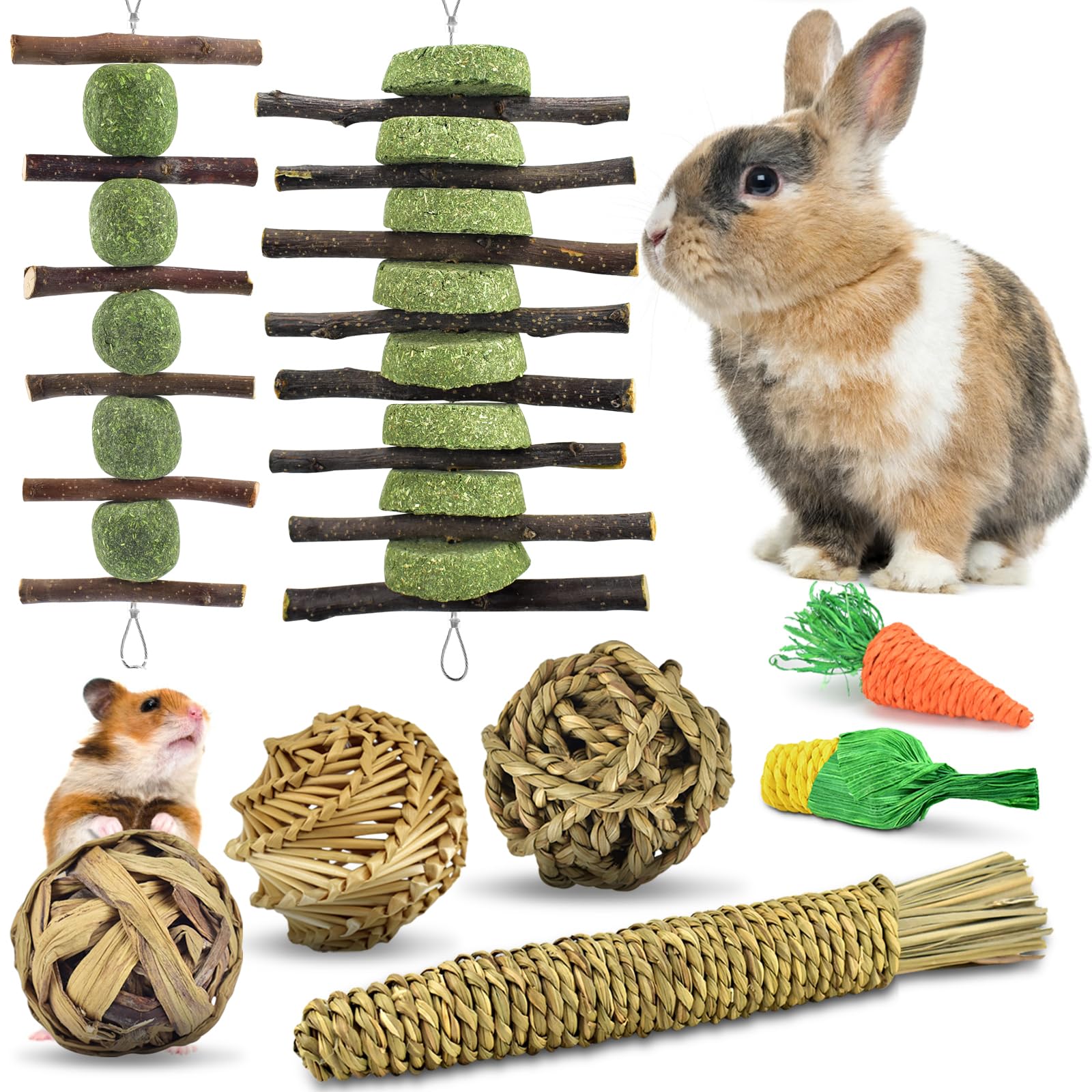 ERKOON Rabbit Chew Toys, 8 Types Natural Small Animal Treats for Bunny, Guinea Pigs, Hamsters, Chinchillas & Gerbils - Apple Wood Chews Sticks Enrichment Balls for Teeth Grinding & Boredom Relief