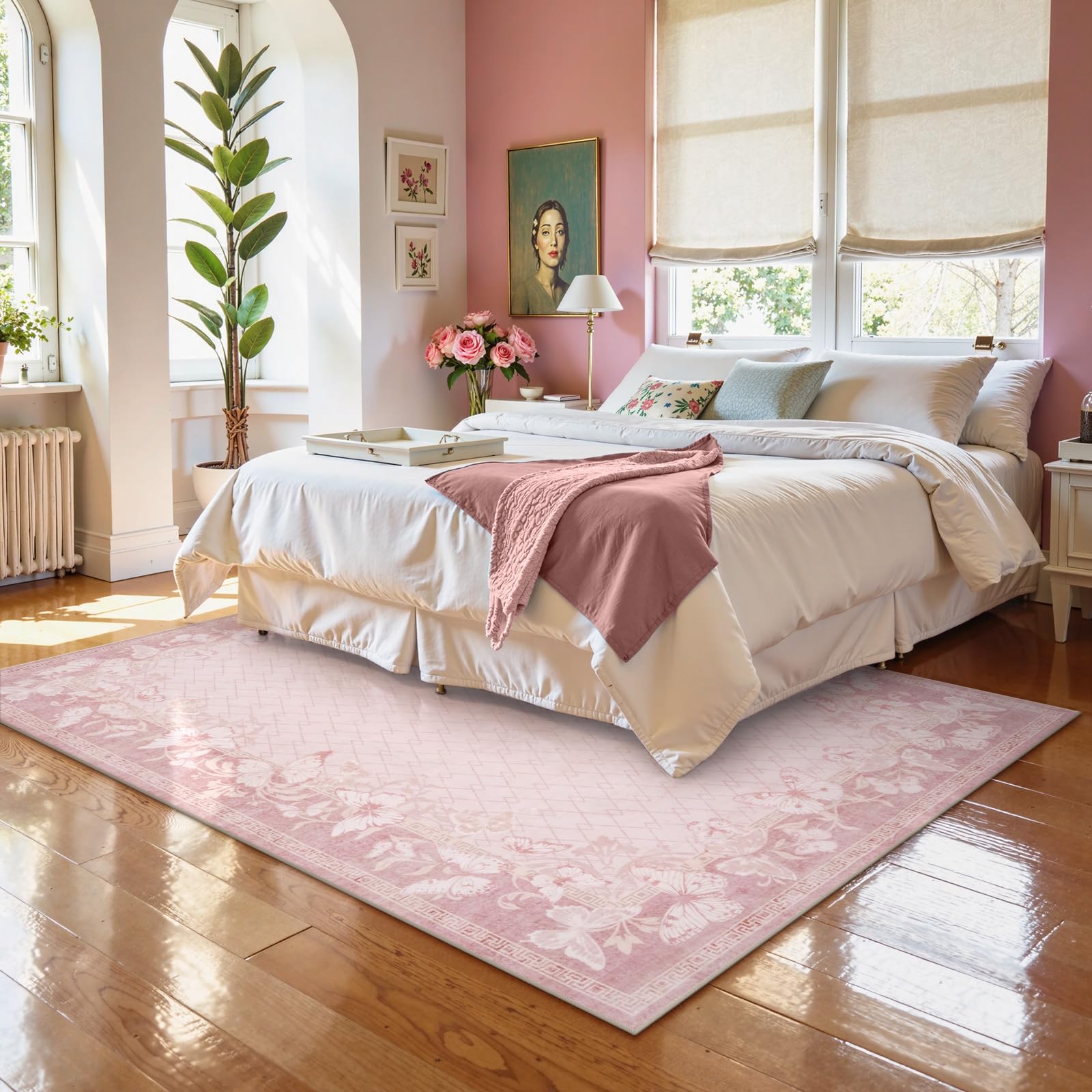 STARUIA Alfombra grande lavable de 5 x 7 pies para sala de estar, antideslizante, suave, rosa, para dormitorio, niñas, elegante alfombra de granja, alfombra de mariposa, oficina, comedor, habitación