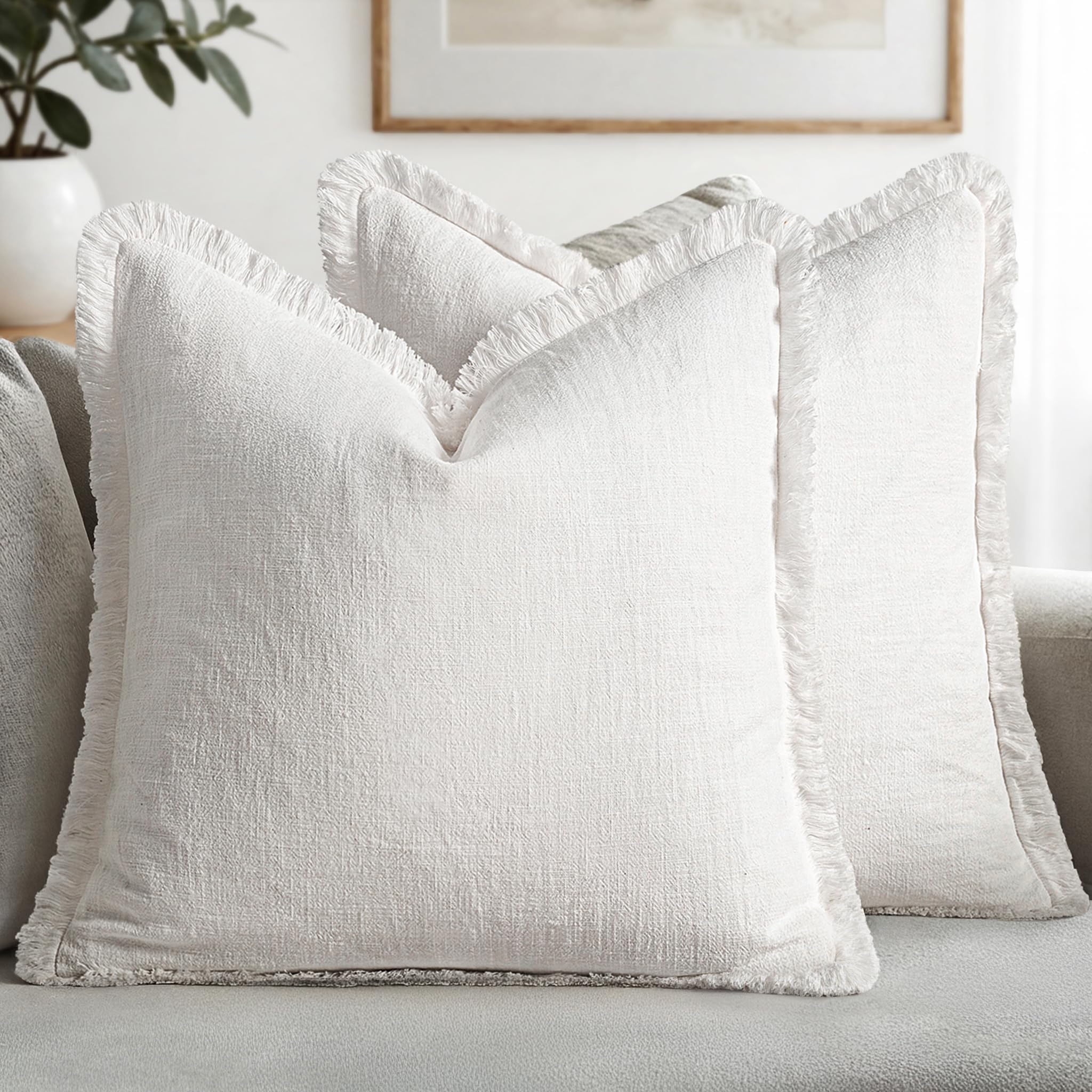 MIULEE Boho Linen Fringe Decorative Euro Throw Pillow Covers White 24x24