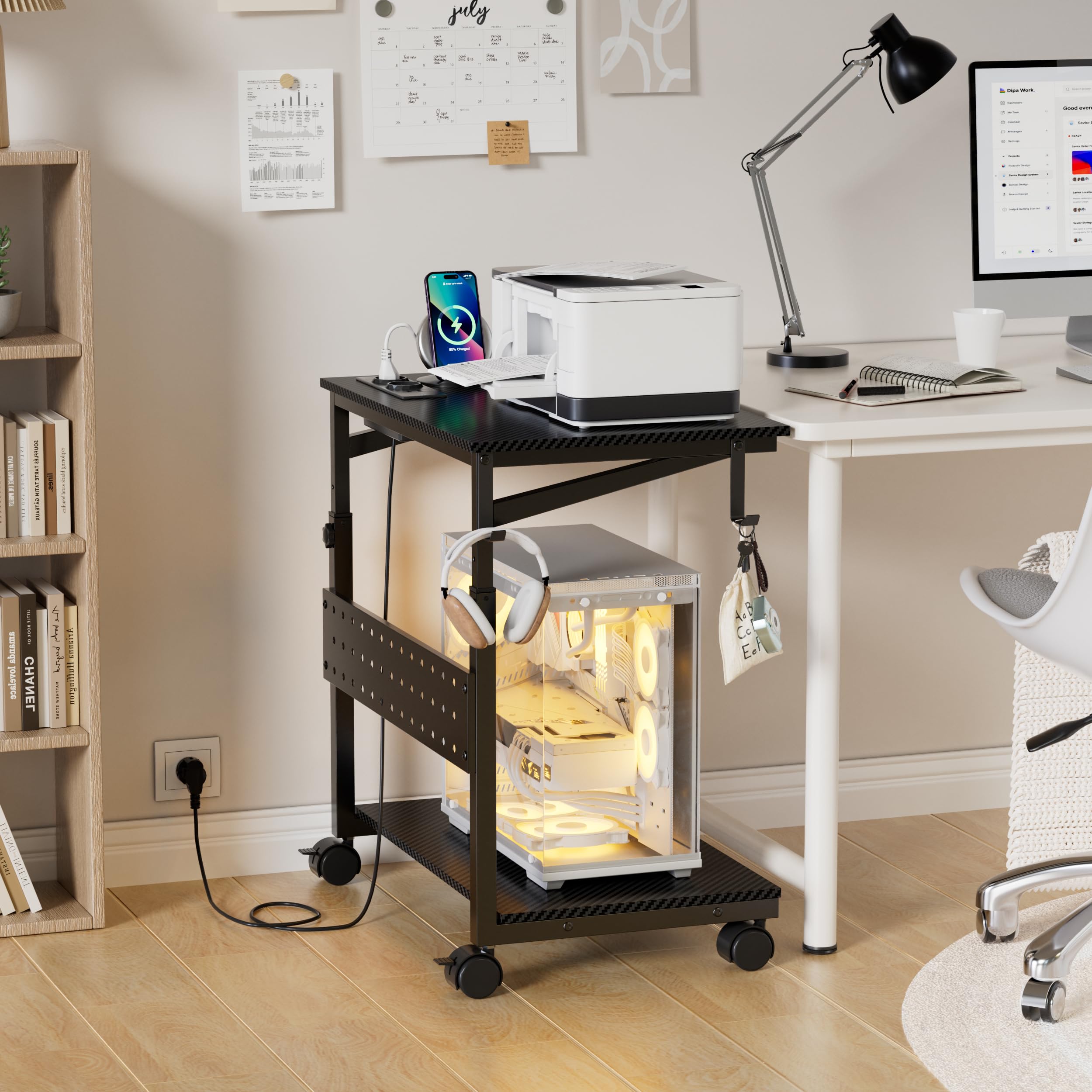 MSFE Supporto a Torre Regolabile in Altezza del PC,Computer Tower Stand con Stazione di Ricarica,Supporto universale per carrello mobile con rotelle bloccabili,Carrello Della Stampante Desktop Mobile