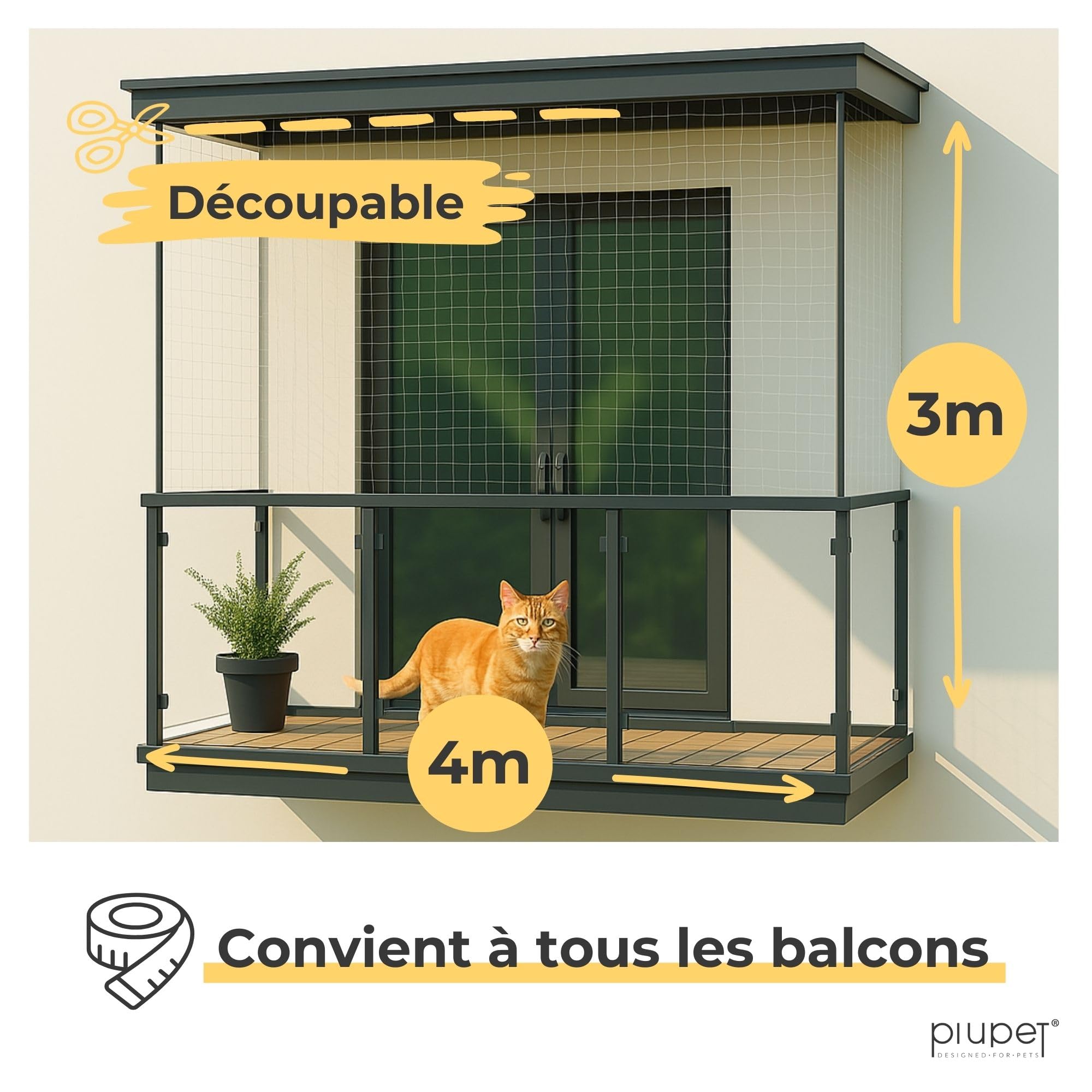 PiuPet® Filet de Protection pour Chats 4 x 3 m | Filet Transparent pour Chats avec Corde de Fixation | Sécurité maximale pour balcons et fenêtres