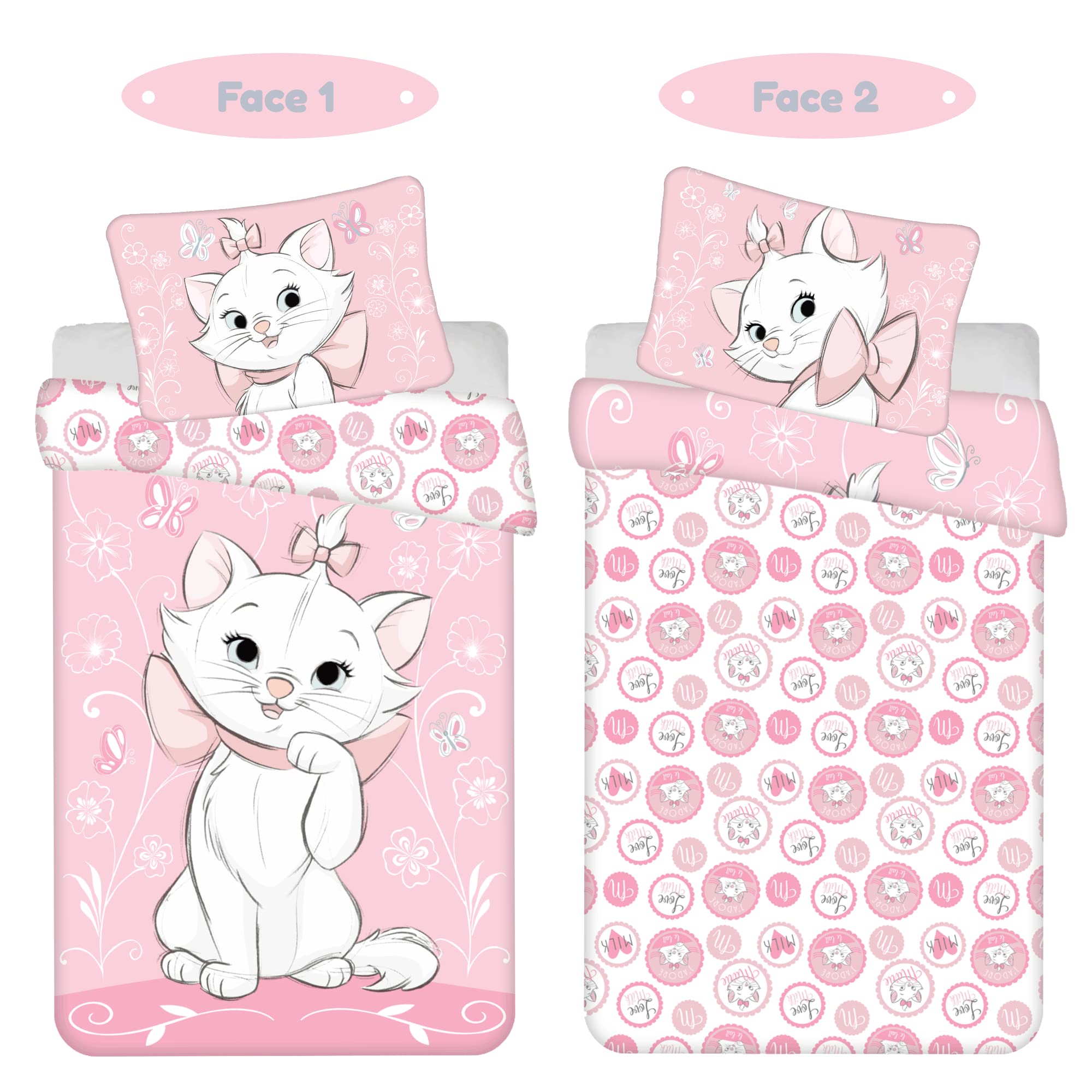 Housse de Couette bébé 100x135 cm Marie Les Aristochats et taie d'oreiller 40x60 cm | Parure de lit Bebe idéal lit de 60x120 cm jusqu'à 70x140 cm| Linge de lit pour Les Tout Petits 100% Coton