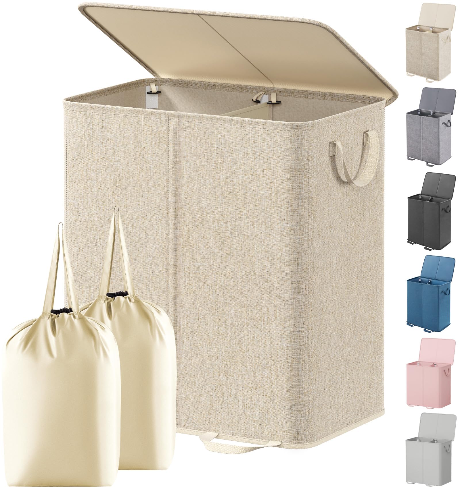 Lifewit Double Laundry Hamper with Lid and Removable Laundry Bags, Large Collapsible 2 Dividers Dirty Clothes Basket with Handles for Bedroom, Laundry Room, Closet, Bathroom, College, 136L Beige