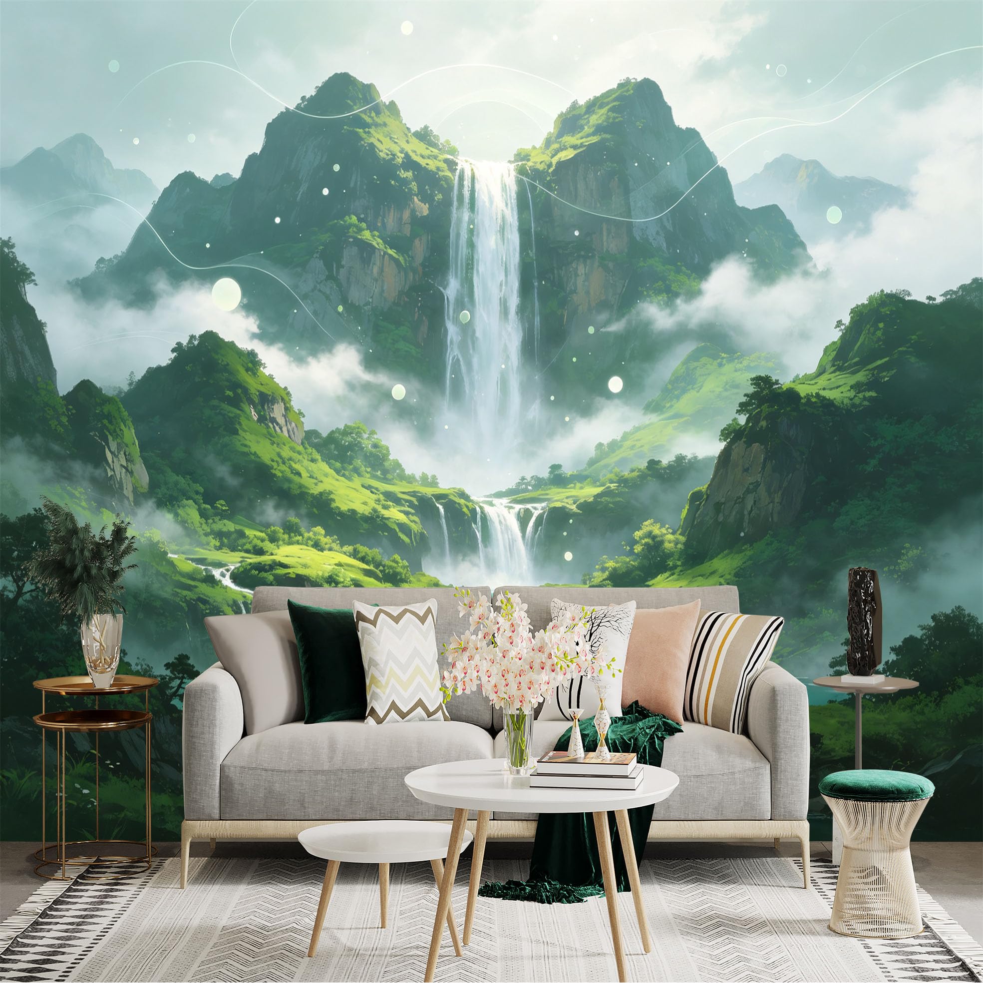 Custom Size Wall Sticker Mural， Majestic Waterfall in Misty Mountains， Lush Green Valley Landscape， Serene Lake View， for wall Decoration， peelandstick wall Decals.