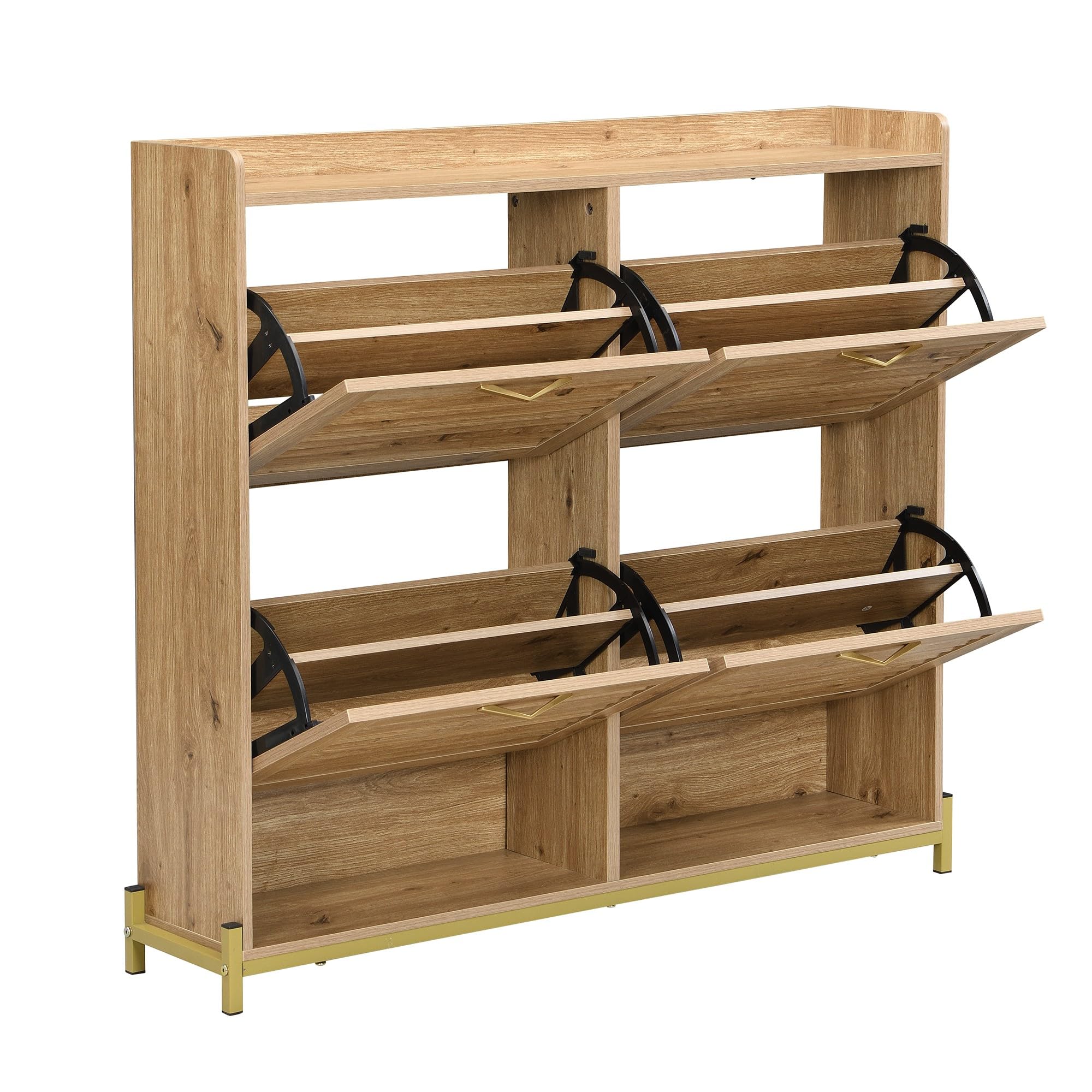 Szafka na buty z 4 drzwiami, listwy drewniane, metalowa rama, półka, 108,5 x 24 x 100 cm, drewno, płyta MDF, zajmuje mało miejsca do przedpokoju