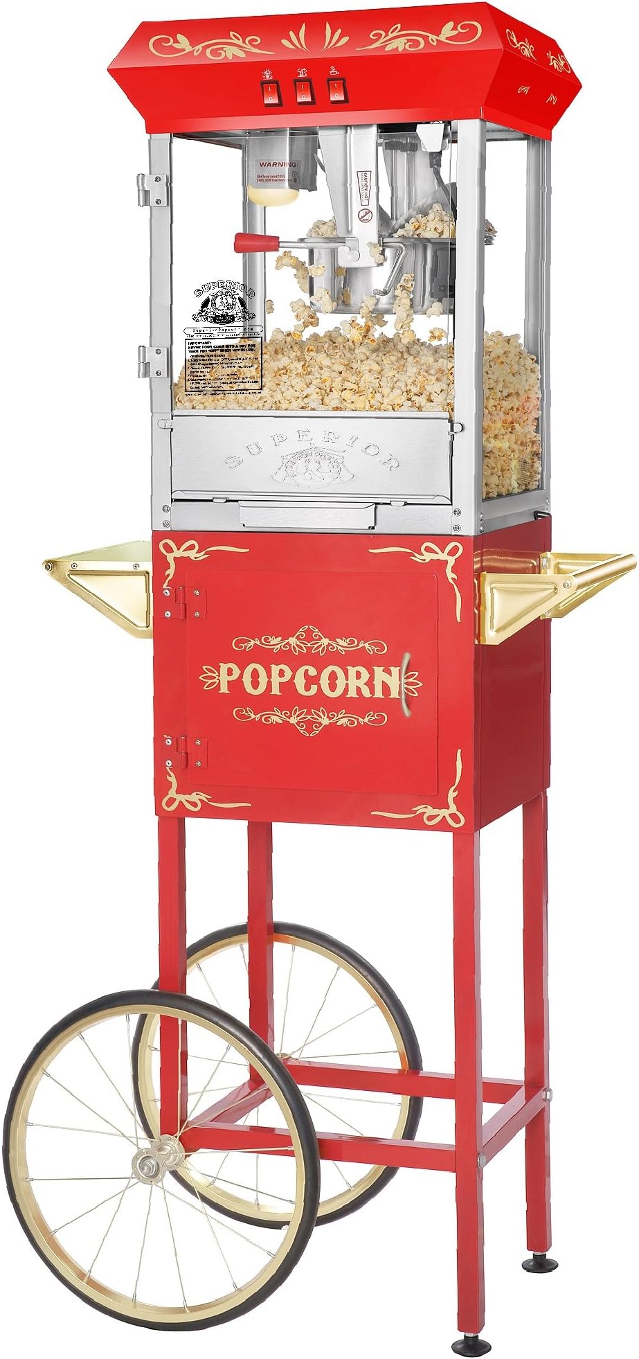 Popcorn Machine with Cart - Carnival 8oz Popper with Stainless-Steel Kettle, Heated Warming Tray, and Old Maids Drawer by Great Northern Popcorn (Red)