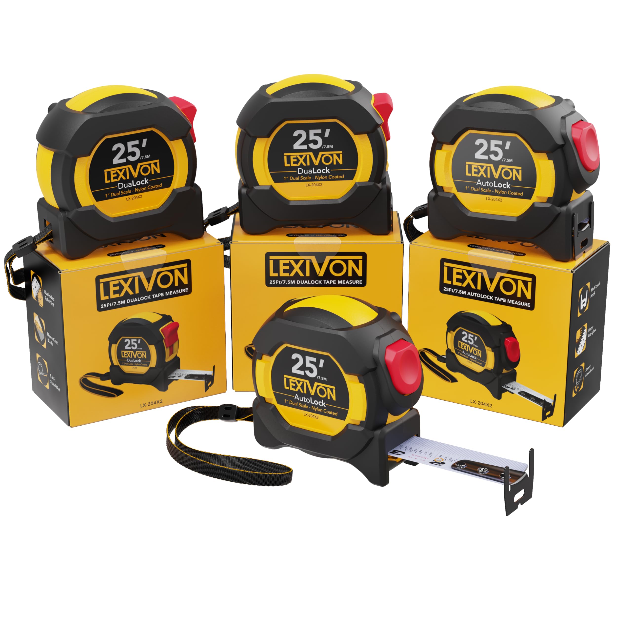 LEXIVON [4-Pack] 25Ft/7.5m Tape Measure, DuaLock & AutoLock | 1-Inch Wide Blade with Nylon Coating, Matte Finish White & Yellow Dual Sided Rule Print