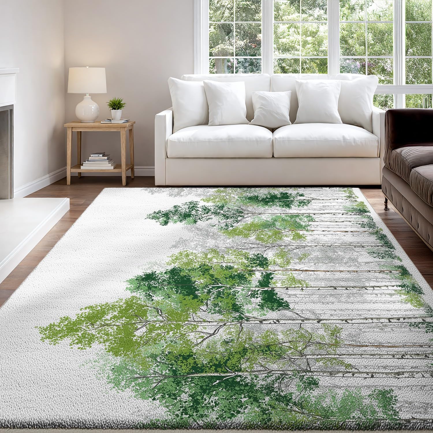 Generyczna wycieraczka do użytku w pomieszczeniach, 160 x 230 cm, nadaje się do prania w pralce, nowoczesna, minimalistyczna, naturalny las, biało-zielony dywan, antypoślizgowy dywan z niskim runem do