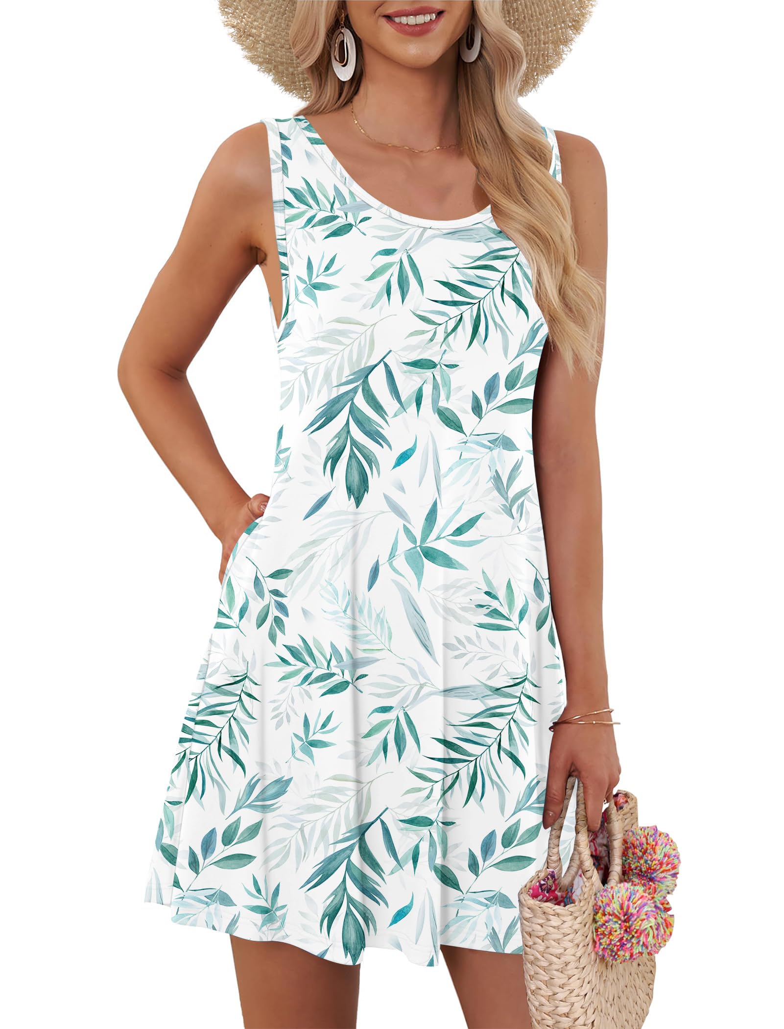AUSELILY Beach Dresses for Women UK Mini Sleeveless Summer Dress with Pocket White Willow Leaf 2XL