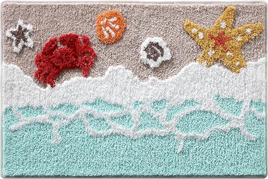Moutina Beach Bathroom Rugs 16x24 Inch, Soft and Absorbent Tufted Shell Crab Starfish Bath Mat Non Slip Washable, Ocean Coastal Nautical Decor for Bathroom Bedroom