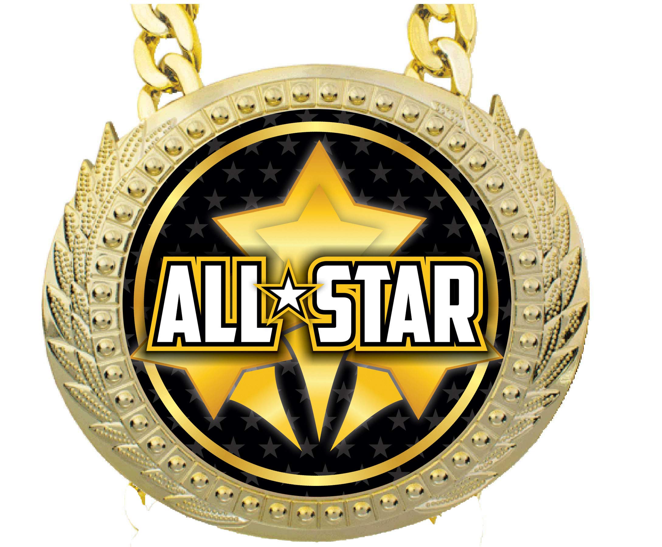 Express Medals Allstar All Star Champ Chain Trophy Award with a Center Plaque Plate Measuring 6 by 5.25 Inches and Includes a 34 Inch Chain with Black Velvet Presentation Bag.