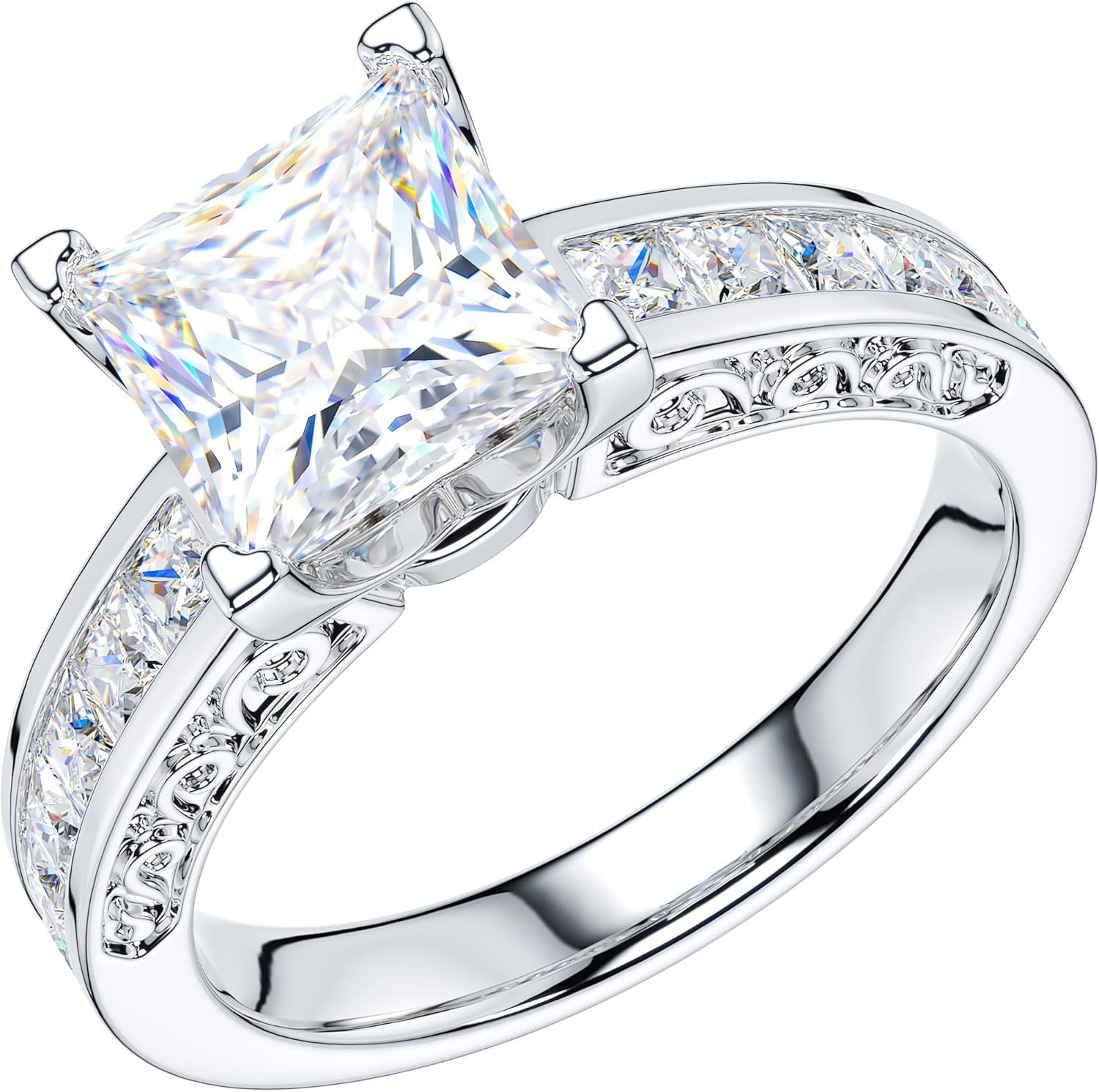 THELANDA All Princess Cut Genuine Moissanite or Simulated Center 1.5CT Diamond Sterling Silver Classic Filigree Pattern Promise Engagement Ring - Image 2