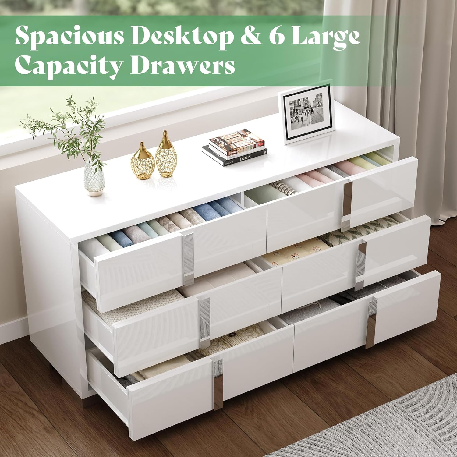 AMERLIFE 3 Piece Bedroom Set, Two 23.6" Nightstands & 6-Drawer Dresser, Silent Glide Drawers & Metal Handles, Modern High Gloss UV Finish, Dresser Set for Bedroom, White