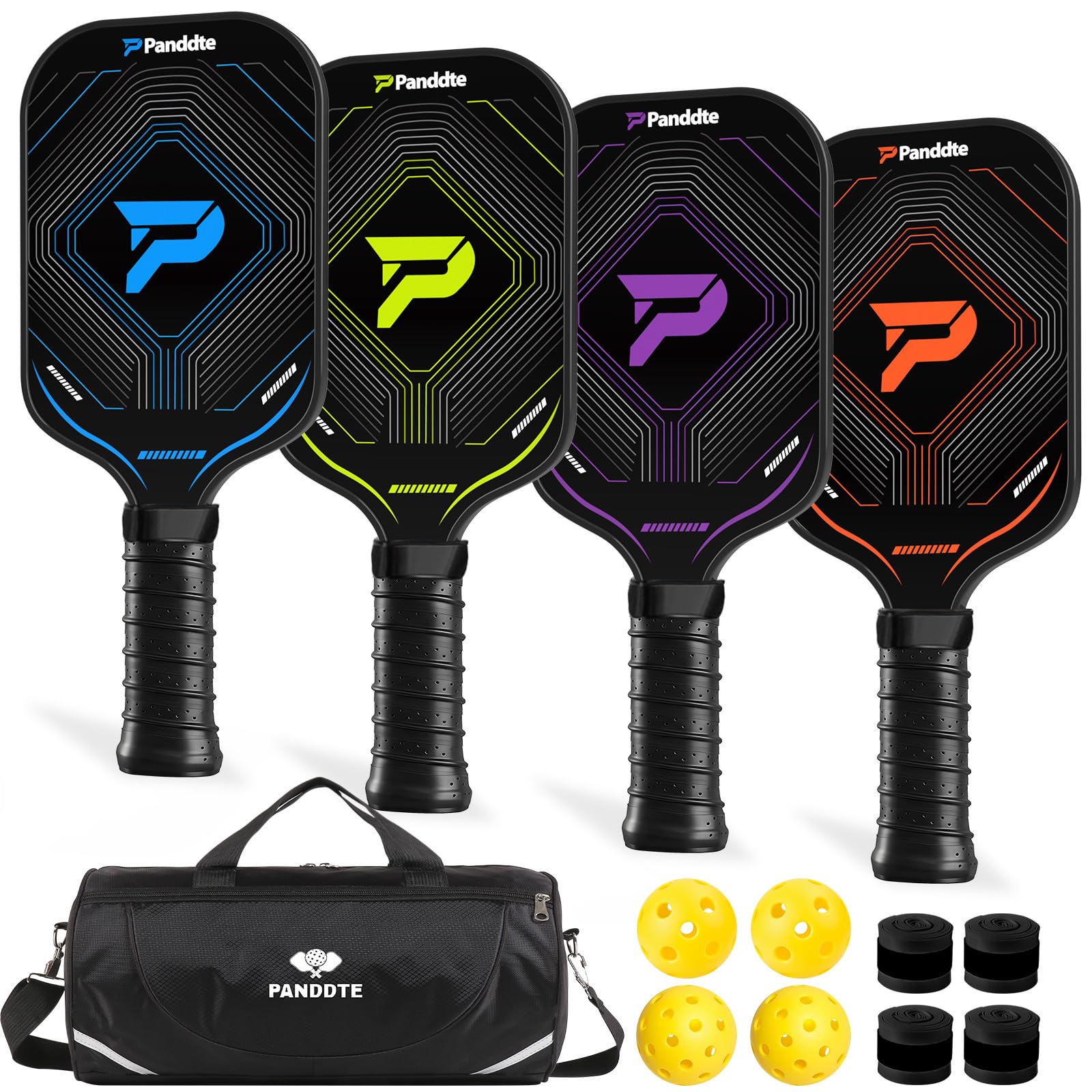 Raquettes Pickleball Set 4 Pièces, Kit Pickleball Complet avec Sac et Balles, Paddles Fibre de Carbone Légères, pour Débutant et Intermédiaire, Intérieur Extérieur