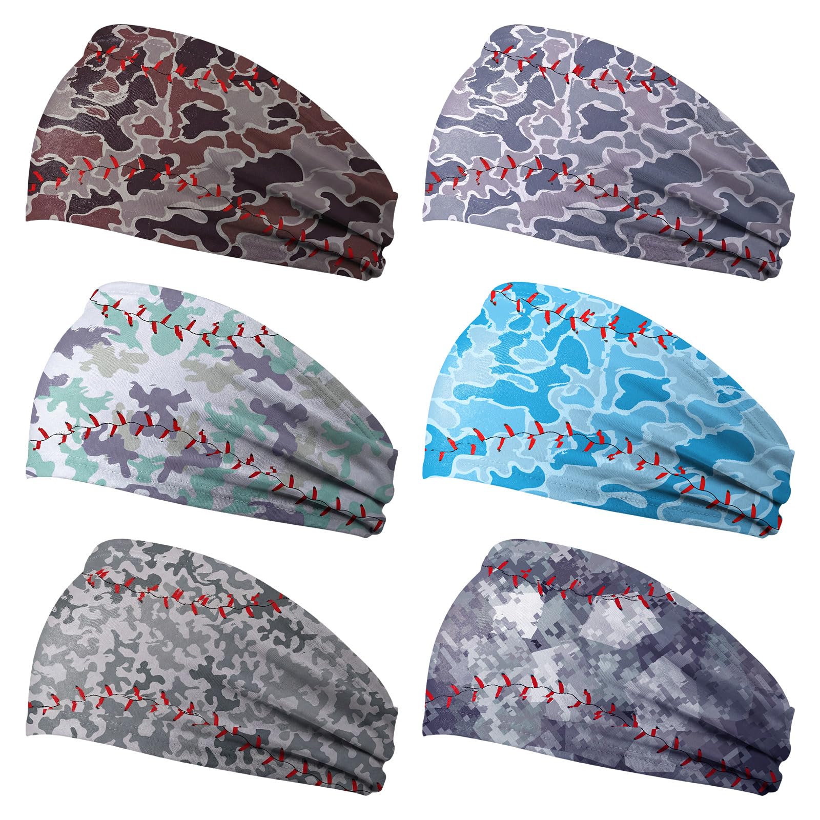 Cuffbow 6 Pcs Baseball Camo Headbands Elastic Sweatband Wide Headbands with Camo Baseball Hair Bandanas Non-Slip Sweatband for Sports Events Women Men-image-24