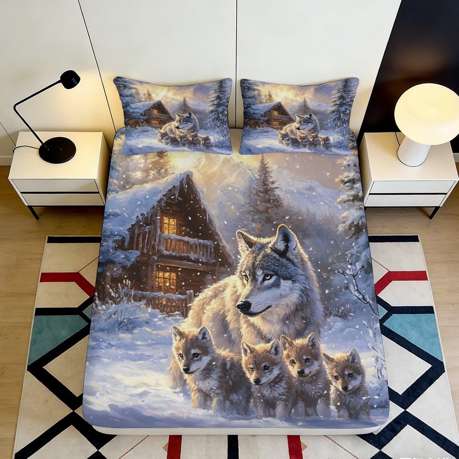3D Printed Winter Wolf Family Fitted Sheet Microfiber Soft Bed Cover Cabin Snow Bedroom Decor Protection 90x200x25cm