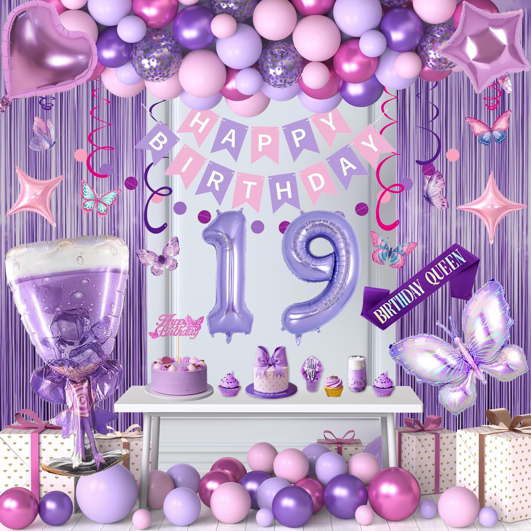 19th Purple Birthday Decorations, Pink Purple 19th Birthday Decorations for Women Girls Lavender Party Decor Set with Number Balloons, Foil Balloons,